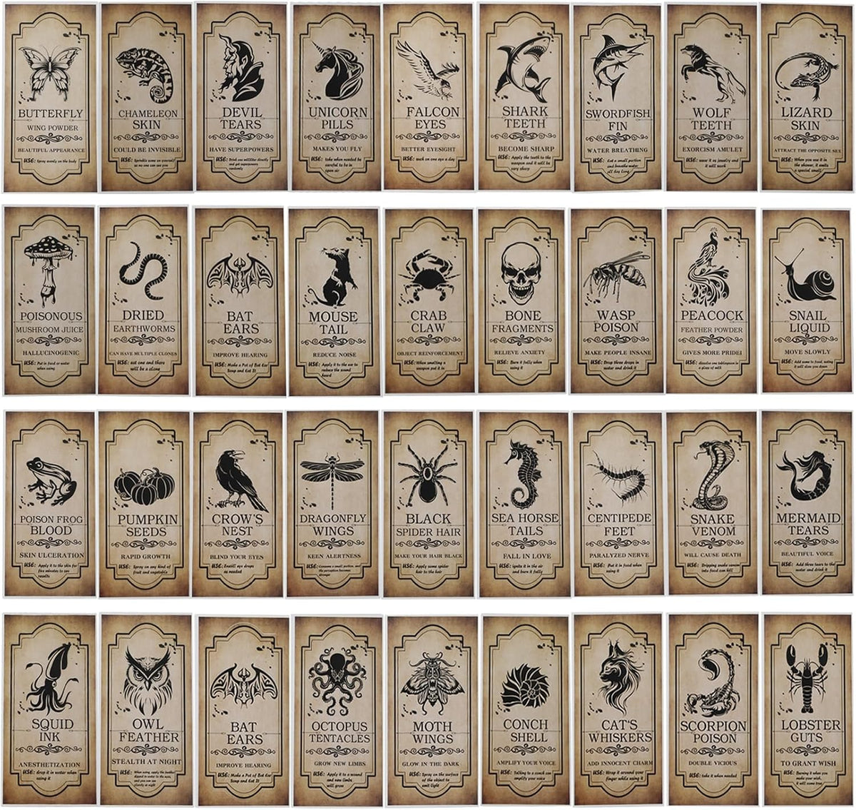 KIMOBER 144PCS Halloween Bottle Labels, Assoeted Vintage Laminated Animal Apothecary Potion Bottles Stickers for Halloween Party Supplies Photo Props