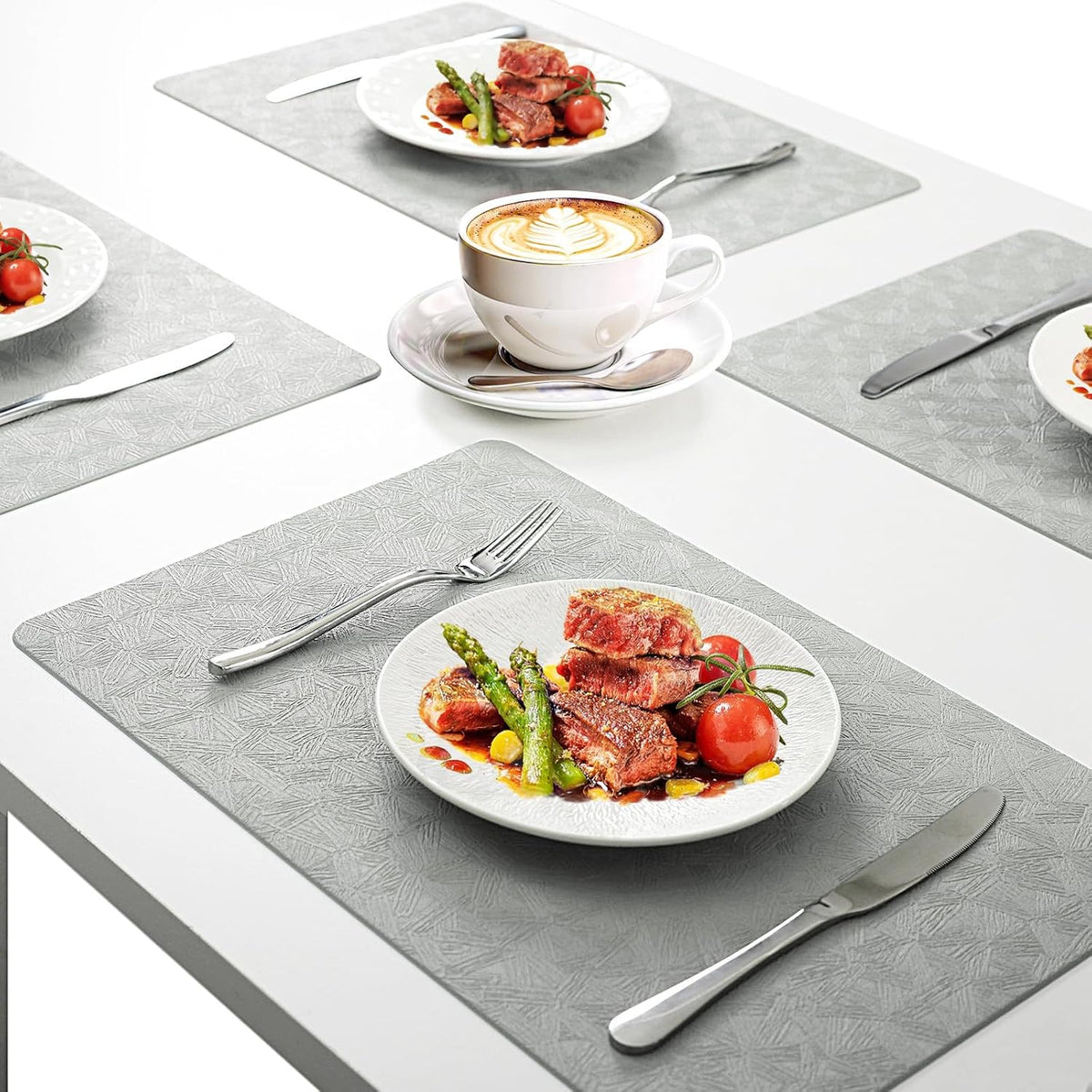 Gray Plastic Placemats Set of 6, Faux Leather Waterproof Table Mats | Light Gray Vinyl place mats,Wipeable and heat