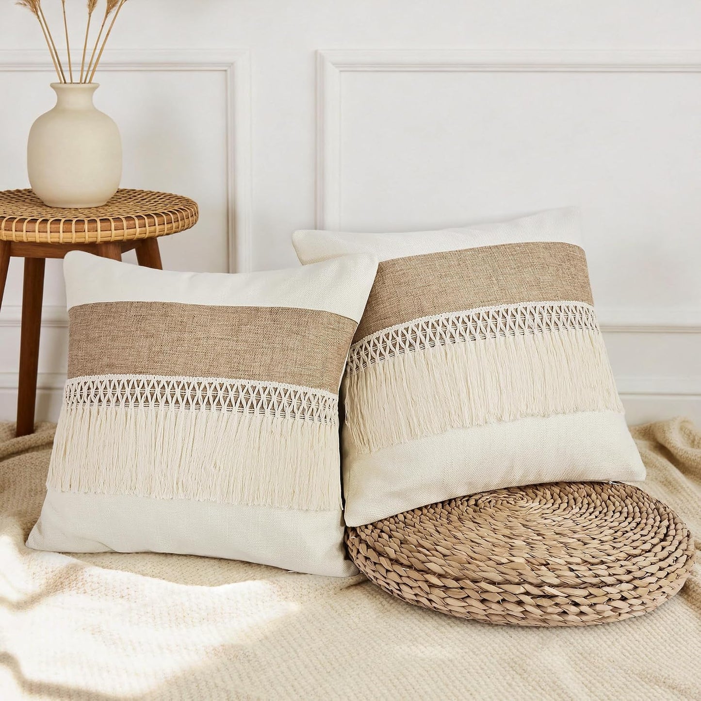 Boho Patchwork Linen Throw Pillow Covers / Boho Long Fringe-beige / 18 x 18 / Set of 2