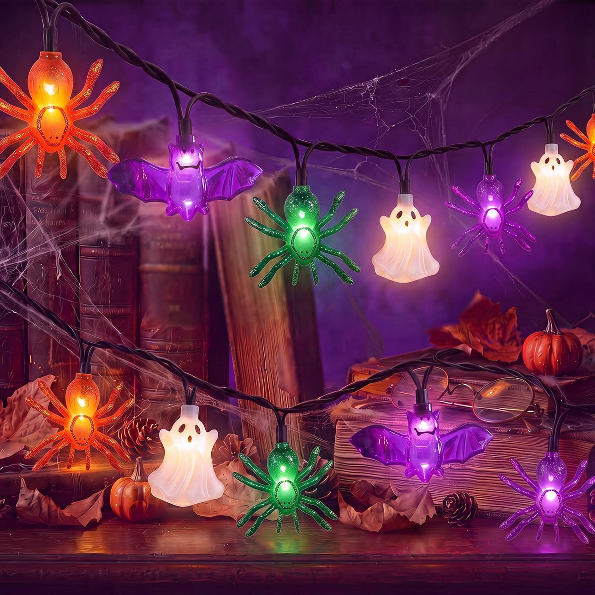 8.5FT 10 LED Halloween Spider Bat Ghost String Lights Outdoor, Plug in