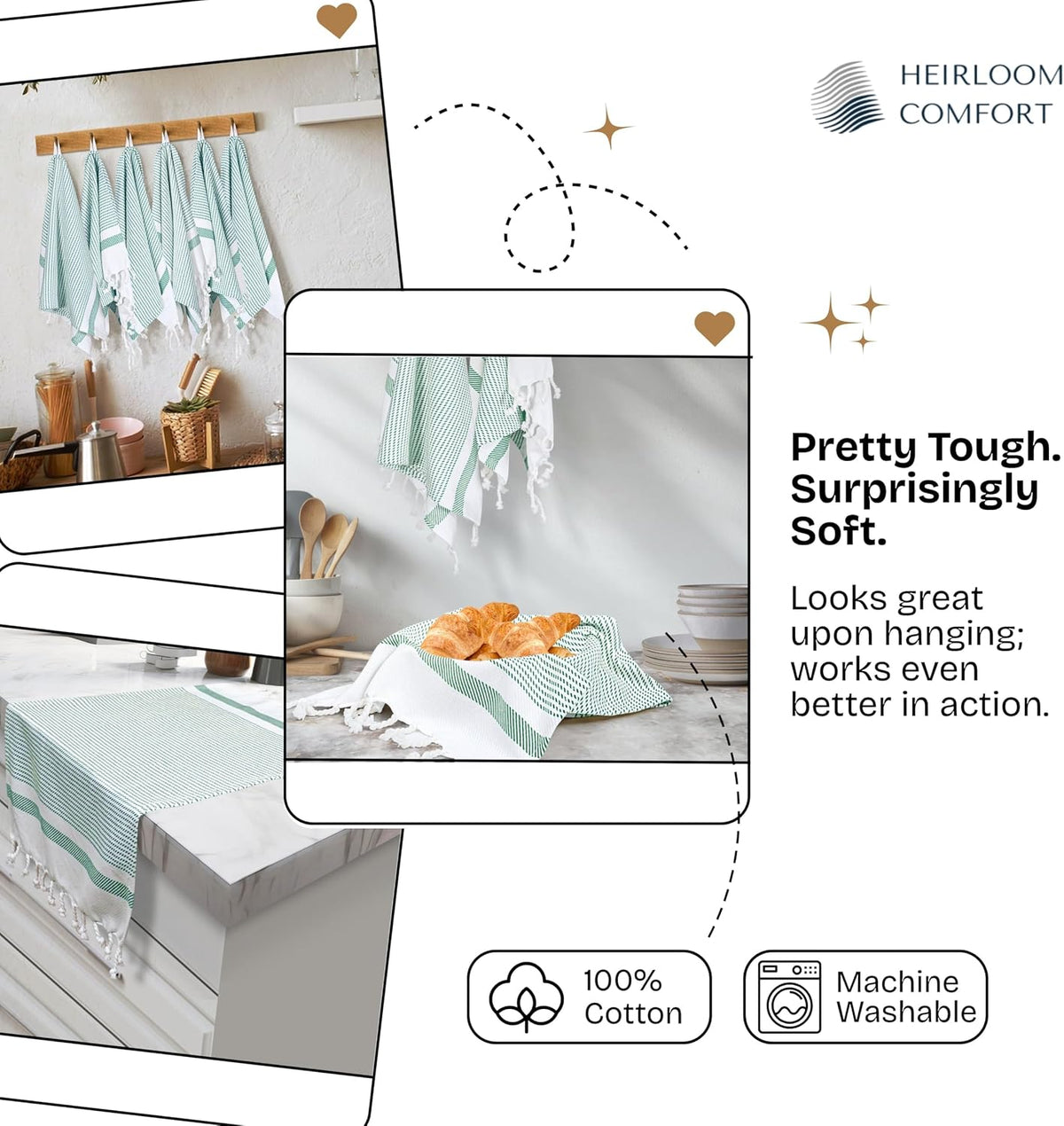 Turquiose Green Turkish Kitchen Towels 16"x26", 12 Pack, 100% Cotton, Ultra Absorbent, Soft, Fast Dry, Machine
