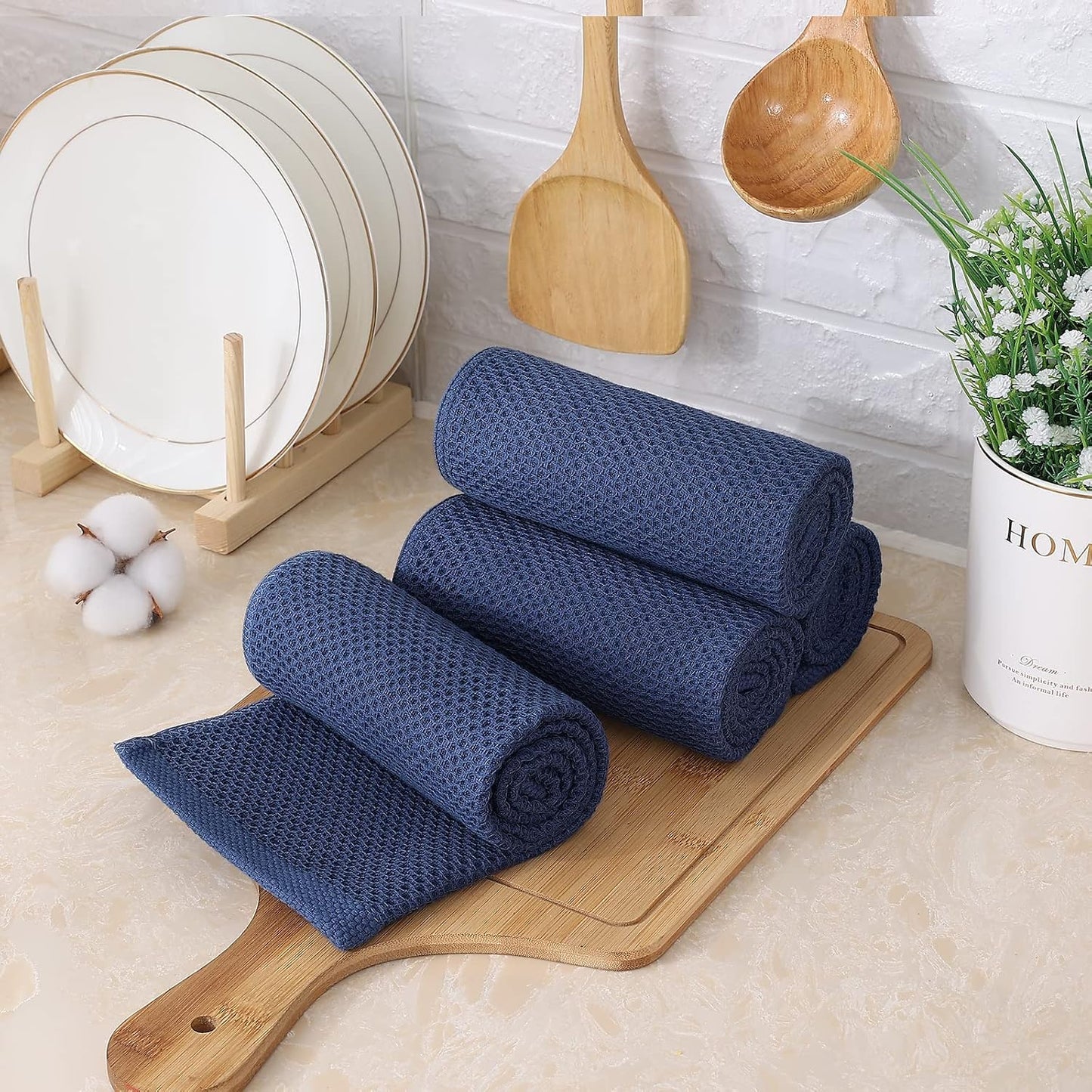 Kitinjoy 100% Cotton Waffle 6-Pack Kitchen Towels, 13" x 28", Navy Blue | Super Soft, Ultra-Absorbent, Fast Drying
