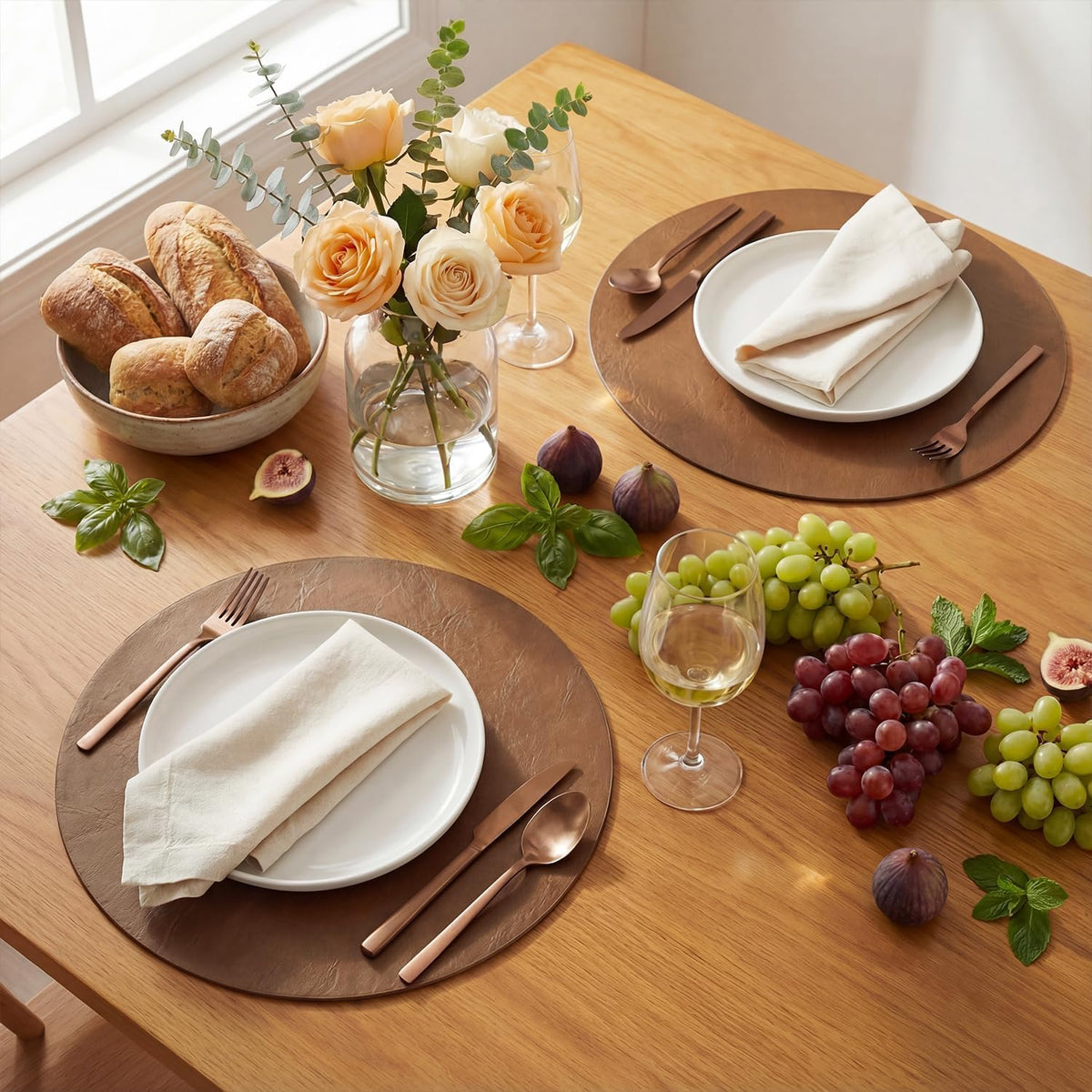 Artoid Mode Brown Faux Leather Placemats Set of 8, 15 Inch Waterproof Wipeable Heat Resistant Vinyl Place Mats