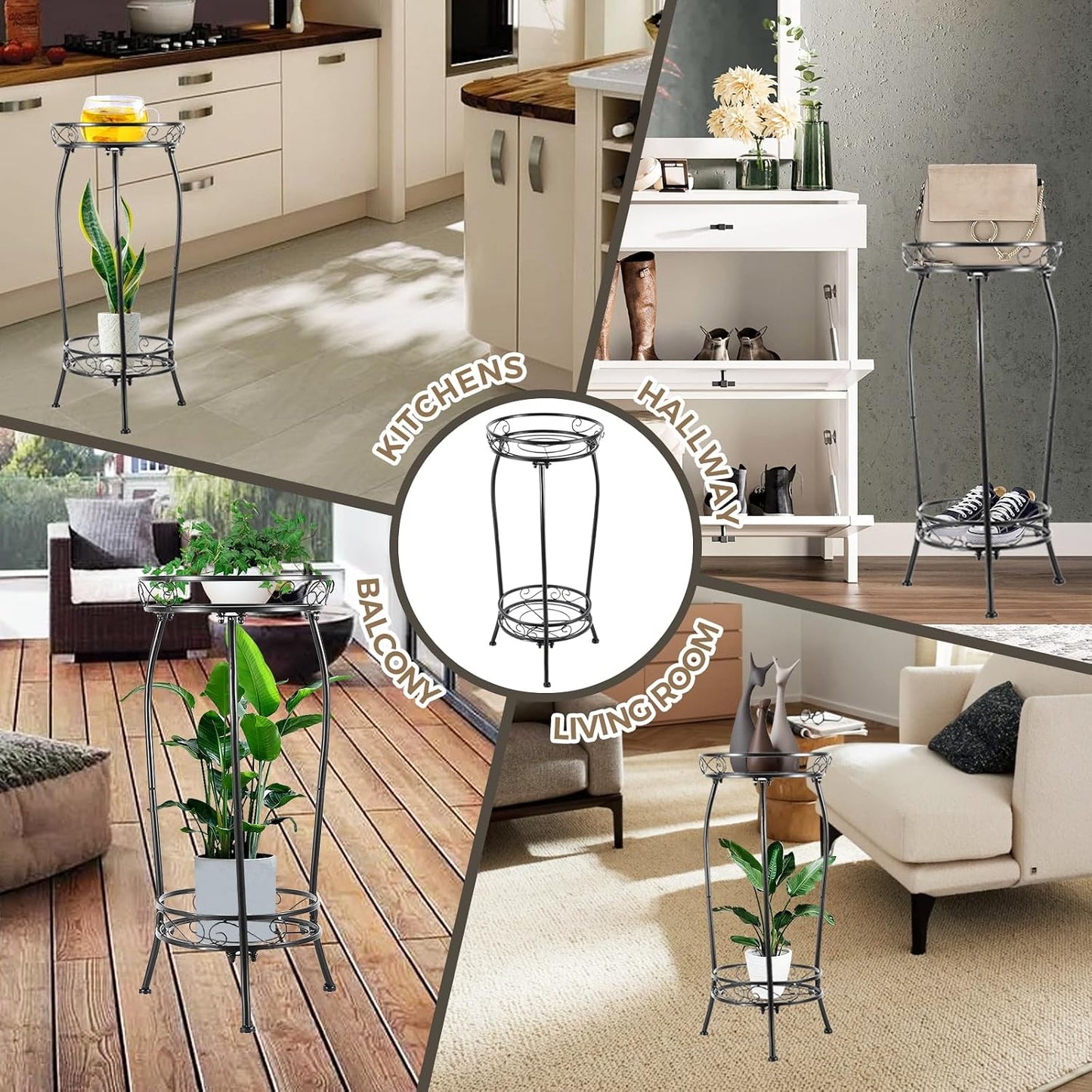 Kavlium Plant Stand Indoor Outdoor, Tall Black Metal, 2 Tier 27.1 Inch | Rustproof Metal, Stable 3-Leg Base, Heavy Duty