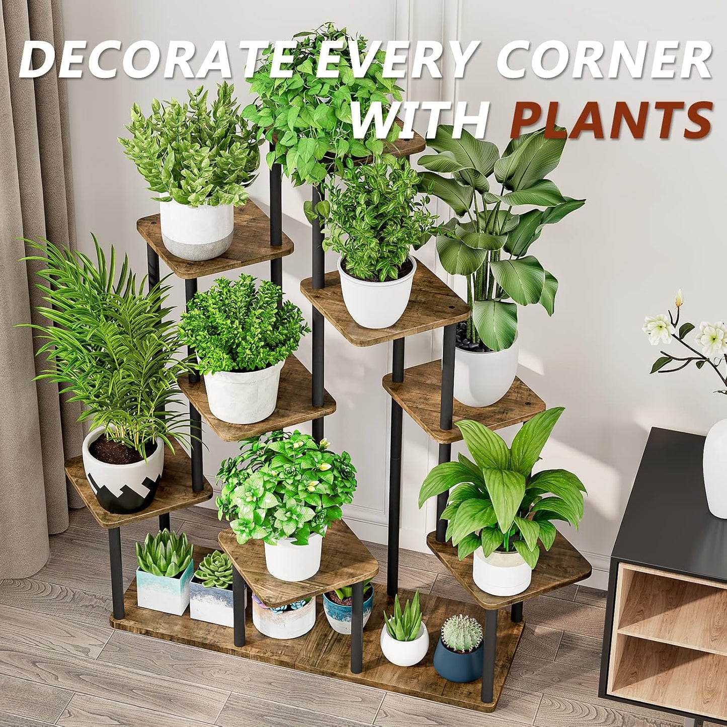 9 Tier Tall Plant Stand Indoor Corner Tiered Shelf Metal MDF Board | Sturdy Metal Frame,Space-saving Tiered Design
