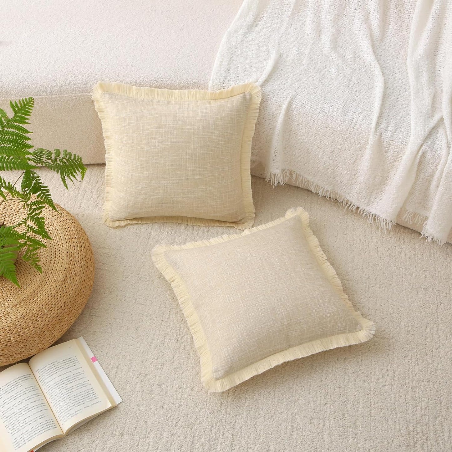 Natural Boho Burlap Fringe Decorative Throw Pillow Covers Rectangle / Beige / 20 x 12 / Set of 2
