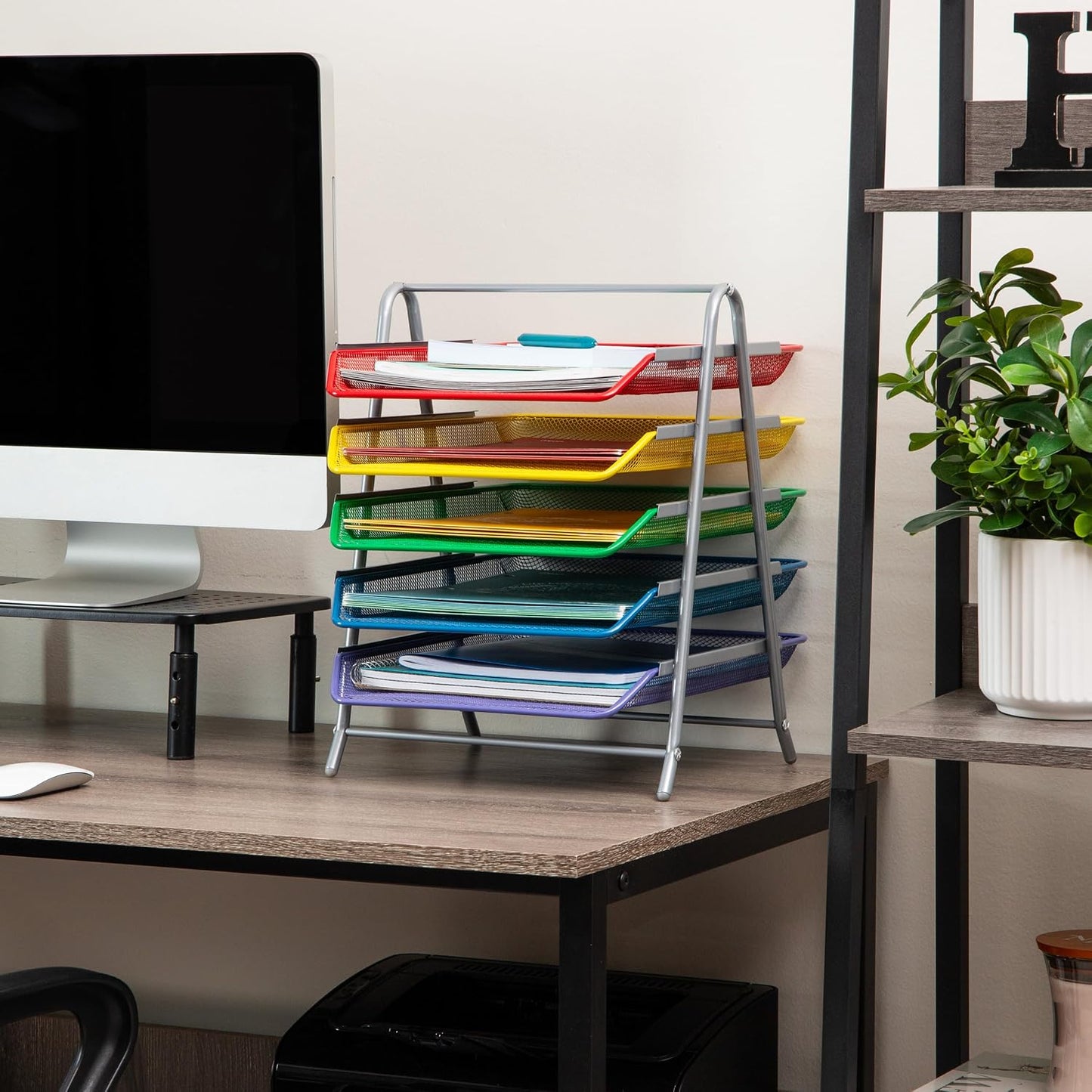 Mind Reader 5-Tier Paper Tray Organizer with Multicolor Trays, Classroom File Organizer for Teachers, Metal Mesh