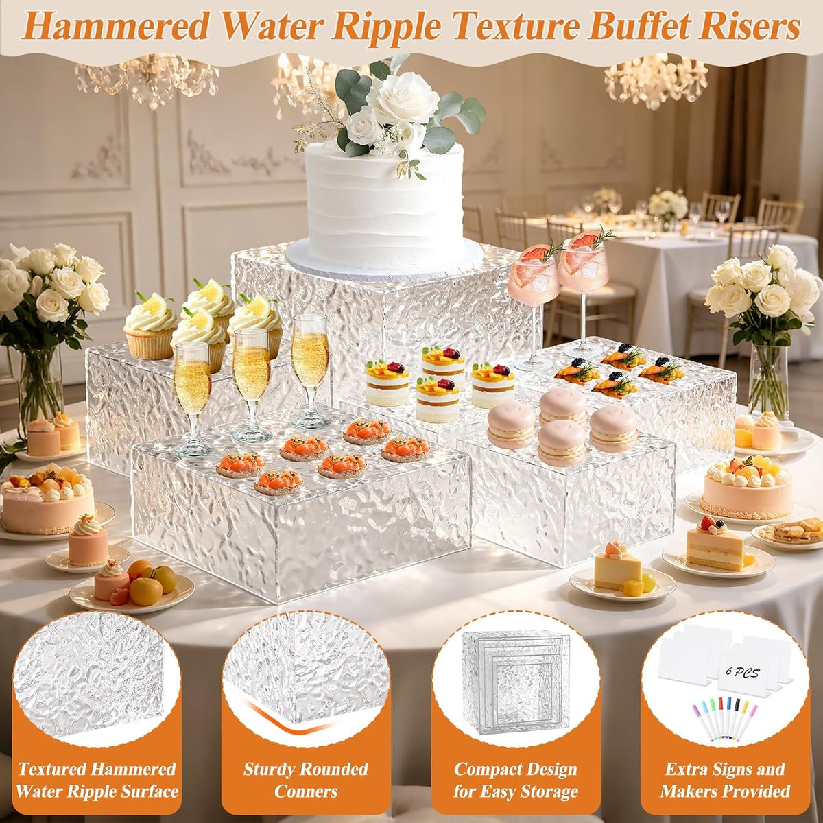 Acrylic Buffet Risers with Mini Sign and Maker, Clear Hammered Water Ripple Dessert Display Stands for Catering Cakes