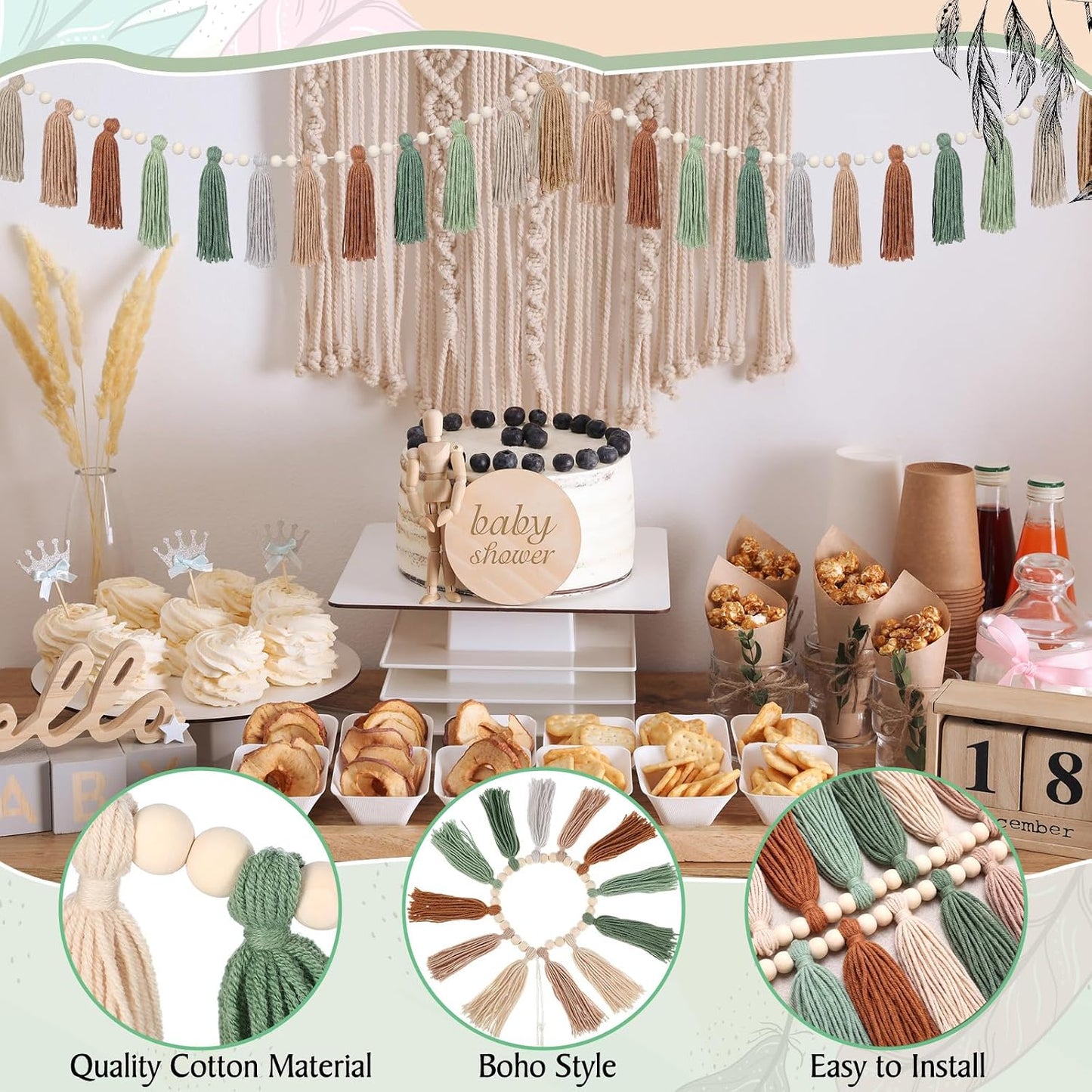 Tassel Garland Boho Wall Decor Colorful Pastel Tassel Wall Hanging / Sage Green / Set of 3