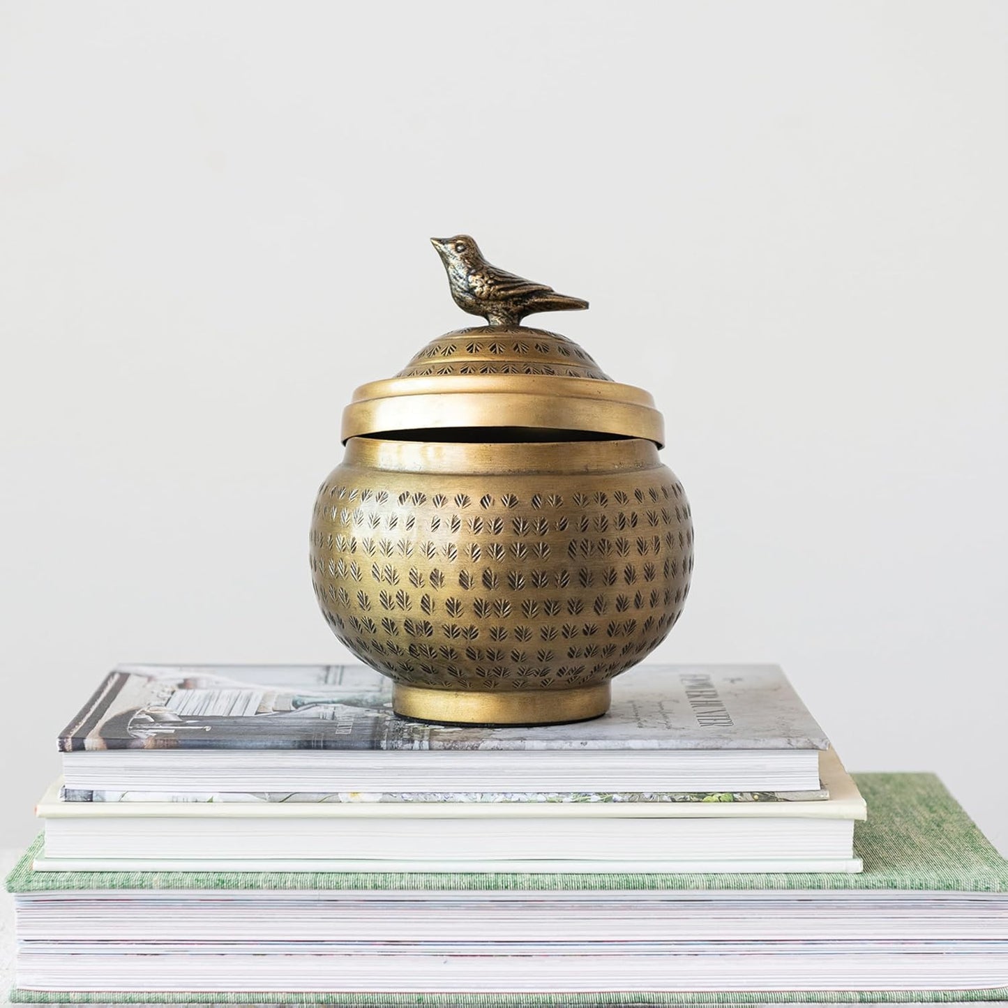 Round Hammered Metal Container / Bird
