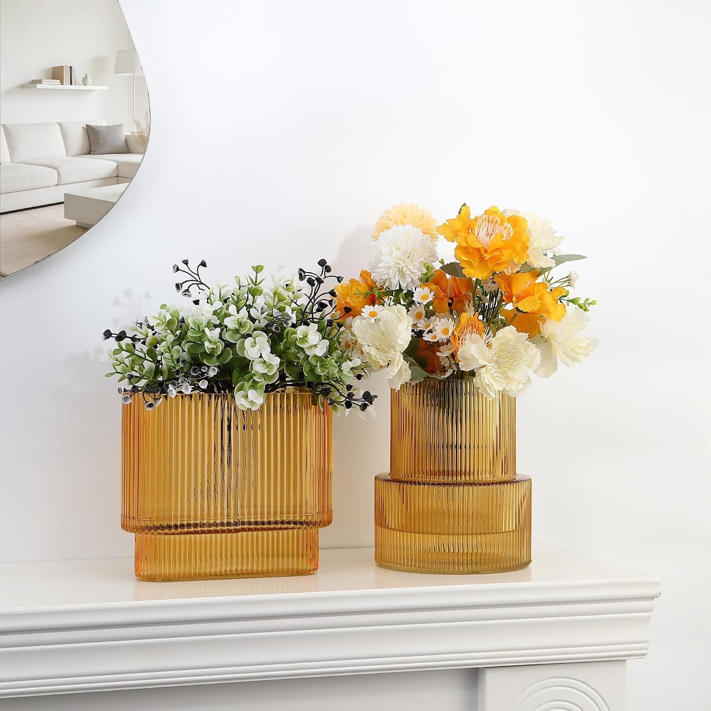 Glass Vases / Modern Glass Vase / Amber / Ribbed + Oval / Set of 2