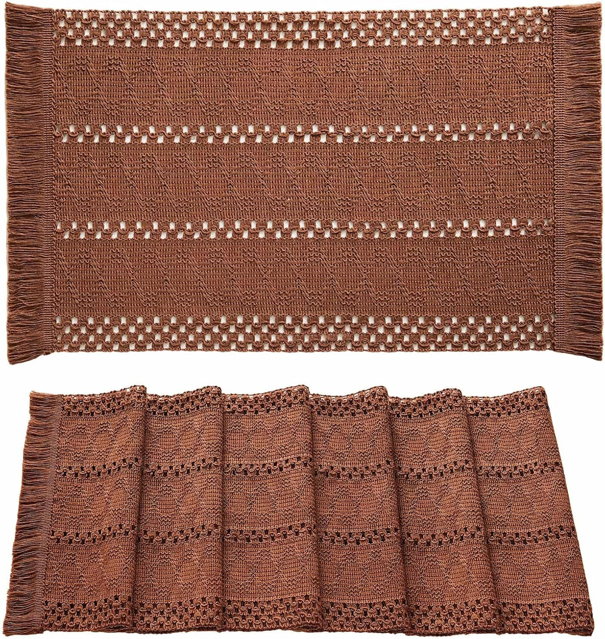 Macrame Style Boho Placemats Set of 6, Terracotta 12x20 Inch | Decorative Farmhouse Table Mats, Natural Cotton Woven