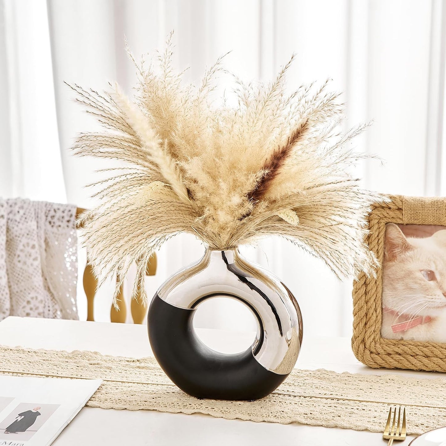 Ceramic Donut Vase / Black & Silver / Large