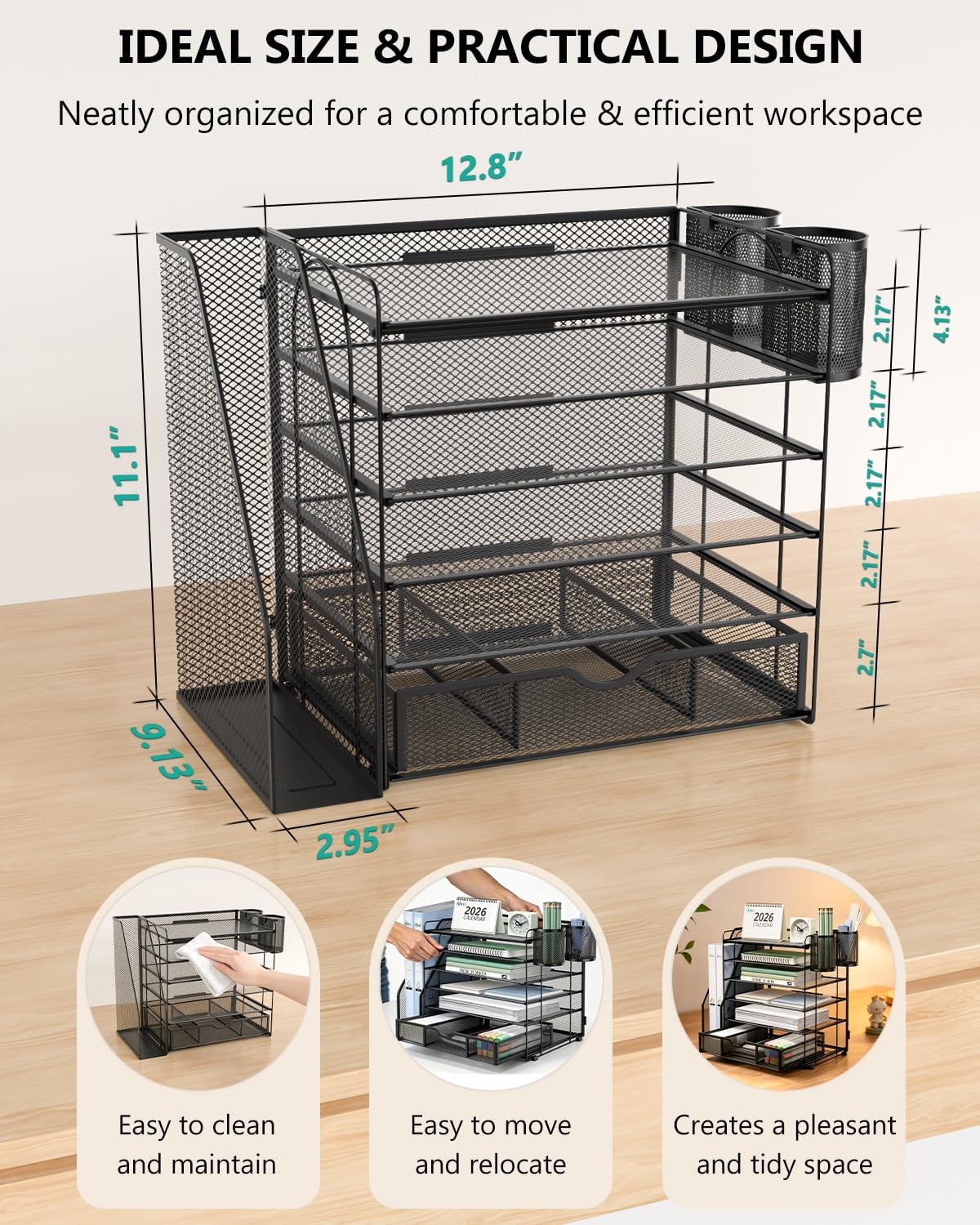 WALI Desk File Organizer, 6 Tier Desktop Paper Letter Tray Organizer with Drawer and 2 Pen Holders, Office Desk