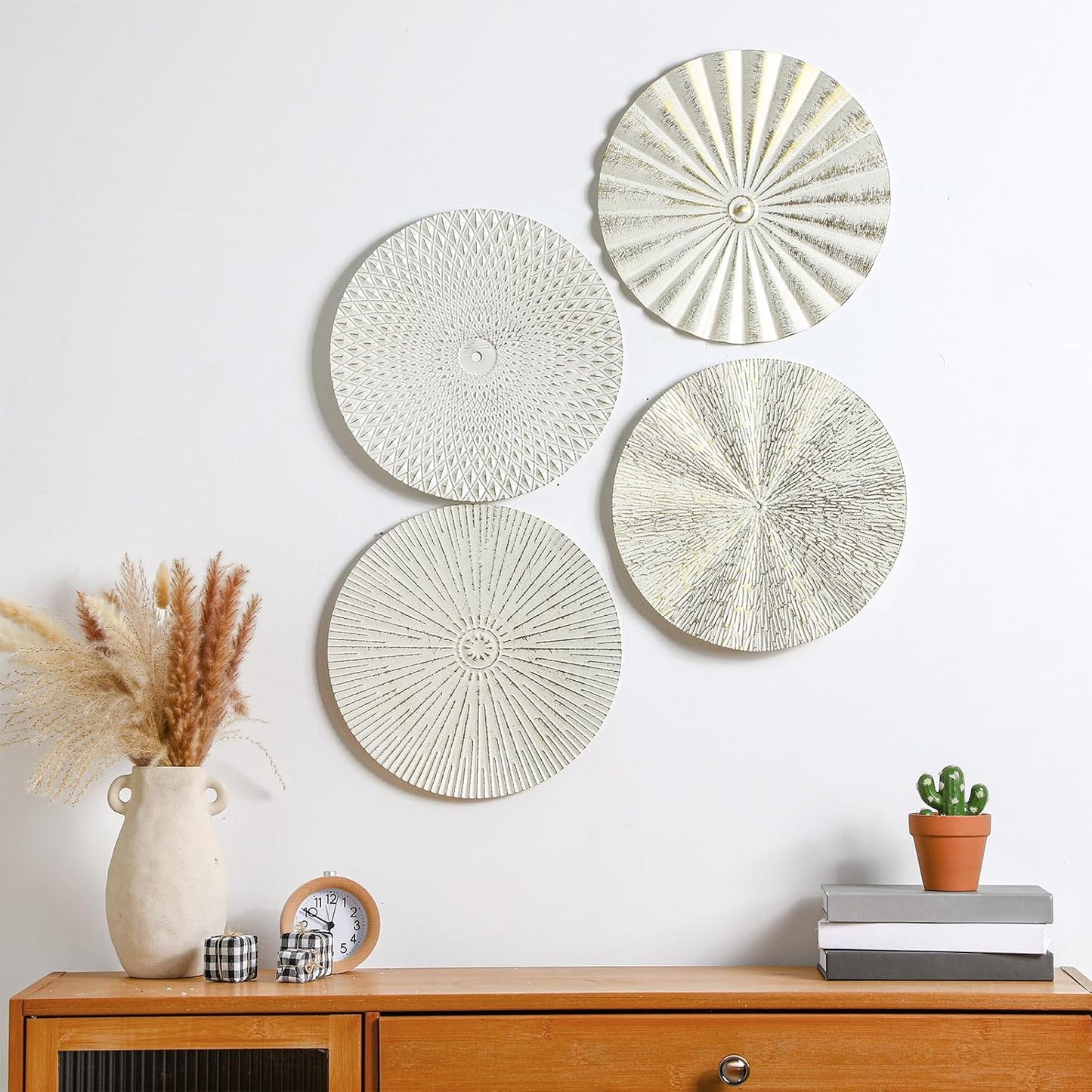 Metal Wall Art Decor Modern Sunburst Hanging Artwork Decor Wall / White Gold / 12 Inch / Set of 4