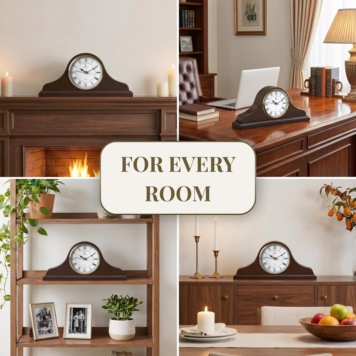 Mantel Clock for Fireplace, Solid Wood Silent Non-Chiming Mantle Clock | Battery Operated Wooden Clock 15x7.5, Easy to