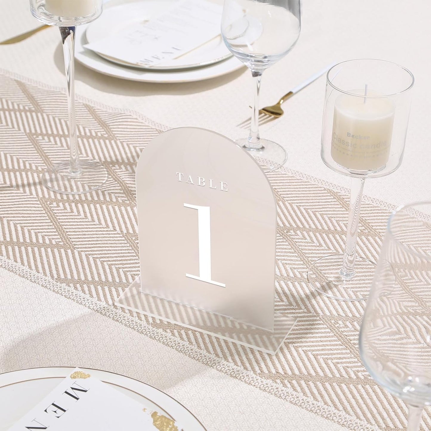 UNIQOOO Frosted Arch Wedding Table Numbers with Stands 1-30, 5x7" Acrylic Display Signs and Holders, Pack of 30