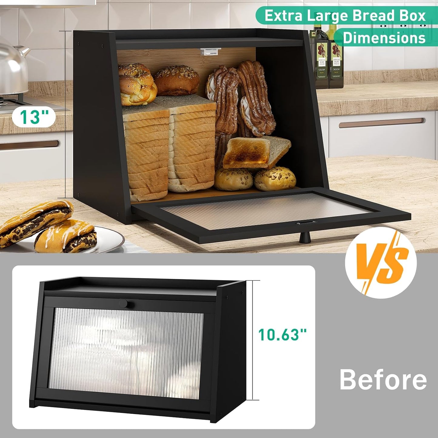 kiplant Large Bread Box for Kitchen Counter, Black Bamboo Bread Storage Container with Wavy Arcylic Transparent Door