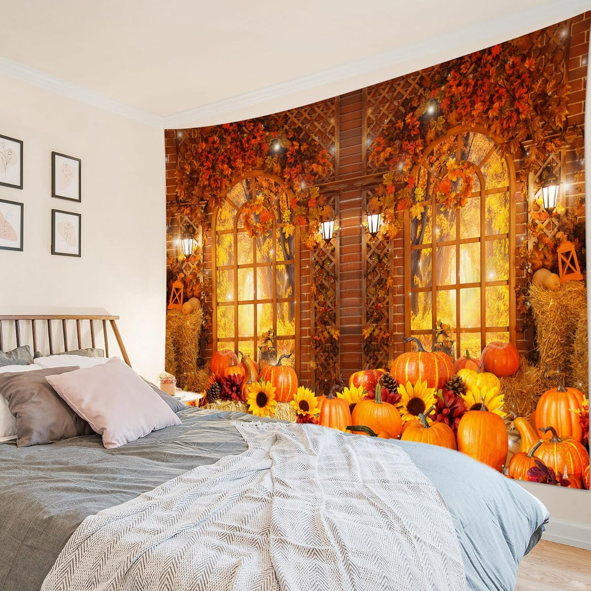 HVEST Fall Tapestry Wall Hanging Rustic Orange Pumpkin and Sunflower in Maple Tree Forest Tapestry for Bedroom, Autumn Thanksgiving Tapestries for Living Room Home Holiday Decor, 92.5W X 70.9H inches