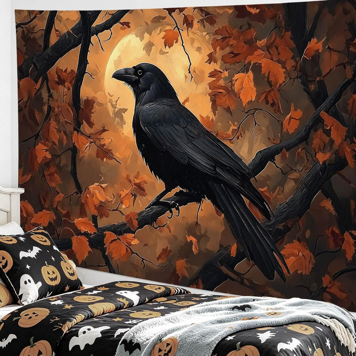 HVEST Fall Halloween Tapestry Wall Hanging Spooky Black Crow on Tree Branch Wall Art Orange Full Moon and Autumn Maple Leaf Tapestry for Bedroom Living Room Dorm Wall Decor, 70.9L X 92.5W inches