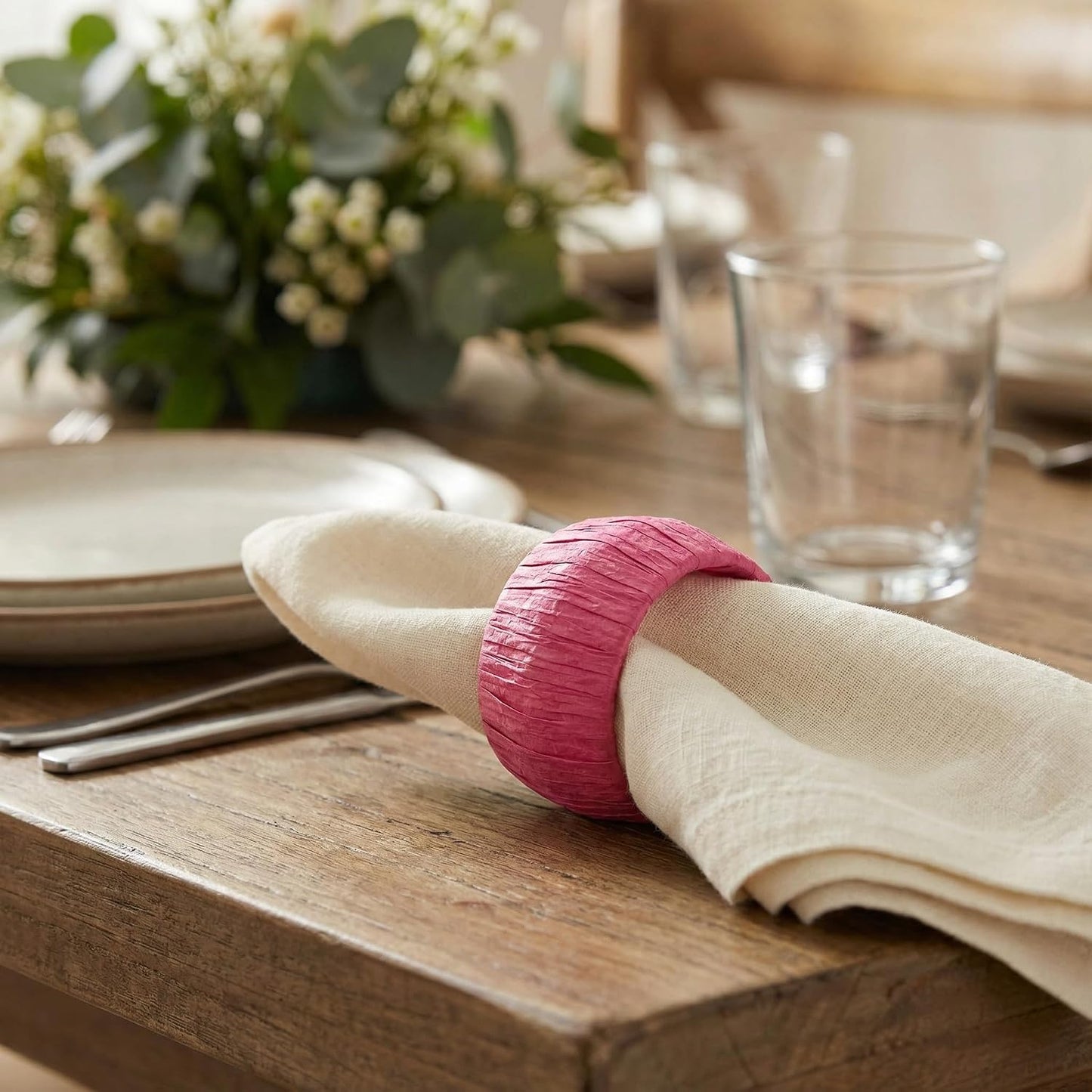 GURU JEE™ Handmade Raffia Rattan Napkin Rings Pink Set of 24 Everyday Use Dining Party Tabletop Décor Gifts Napkin