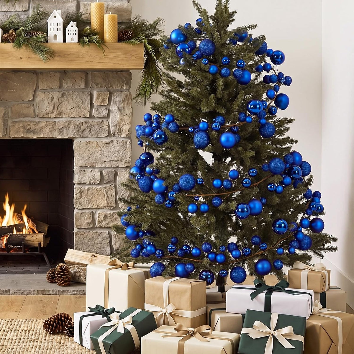 2 Pcs 6 ft Christmas Ball Ornament Garland, Mixed Navy Blue | Bauble Bulb Christmas Tree Ball Decoration Shatterproof