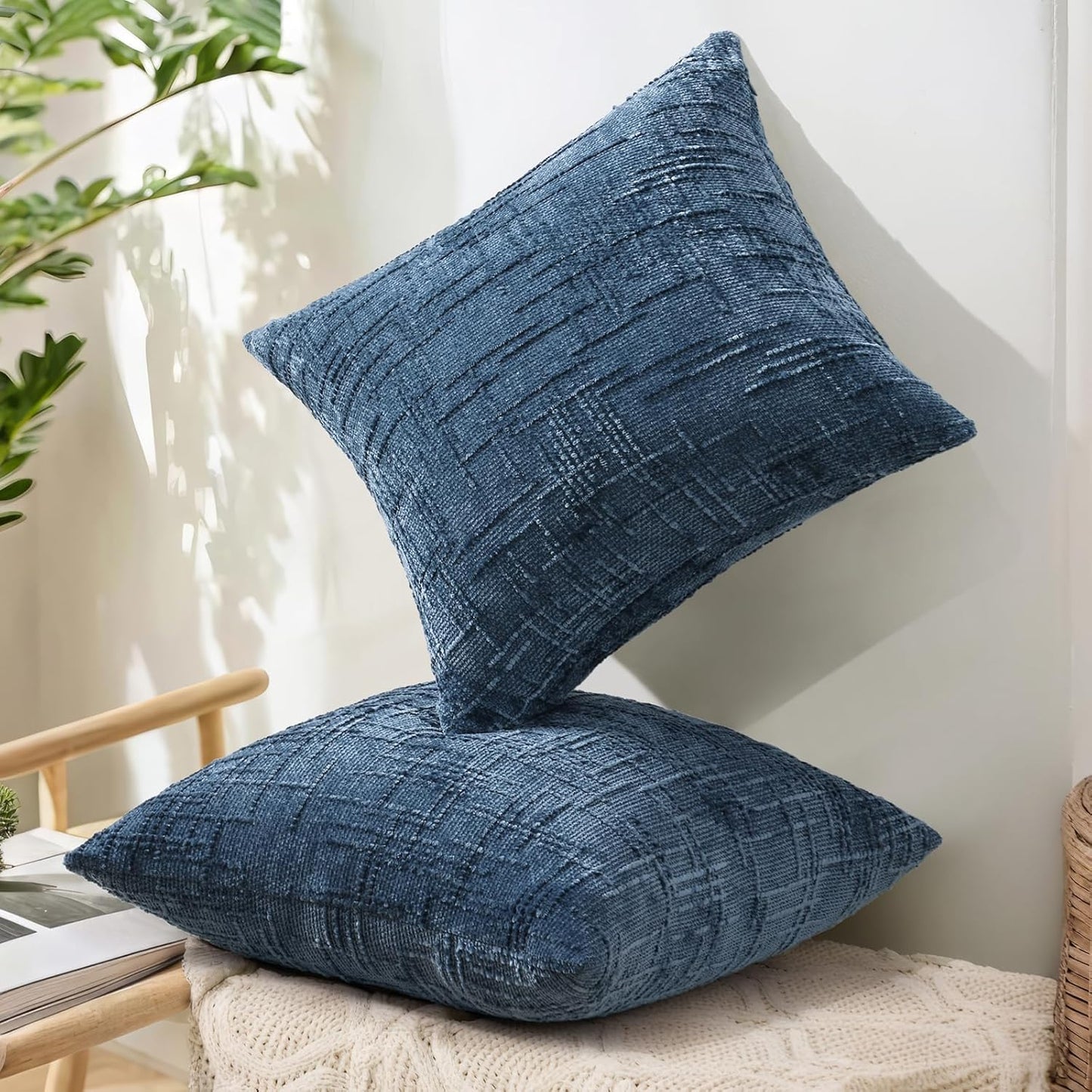 Fall Chenille Throw Pillow Covers Textured Soft Slubby Couch Pillow / Navy Blue / 18 x 18 / Set of 2