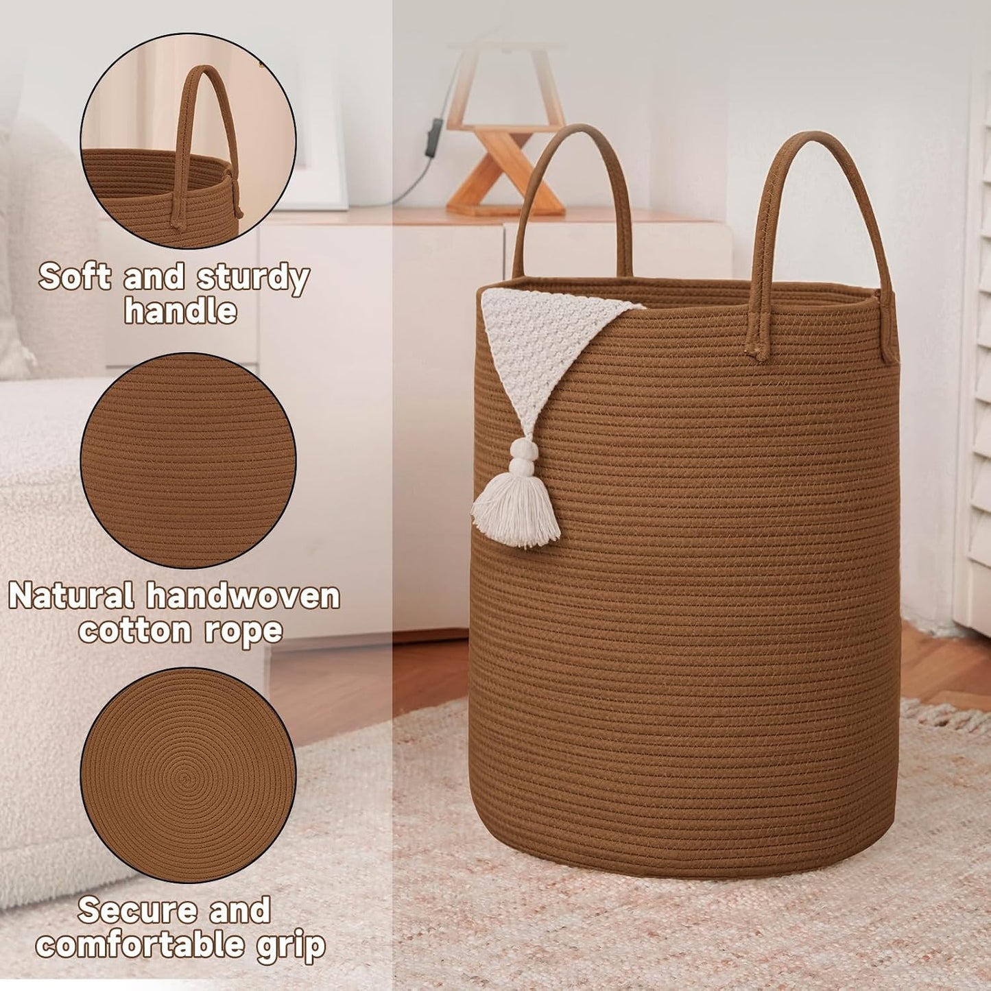 Large Woven Laundry Basket Hamper / Golden Jute / 60L