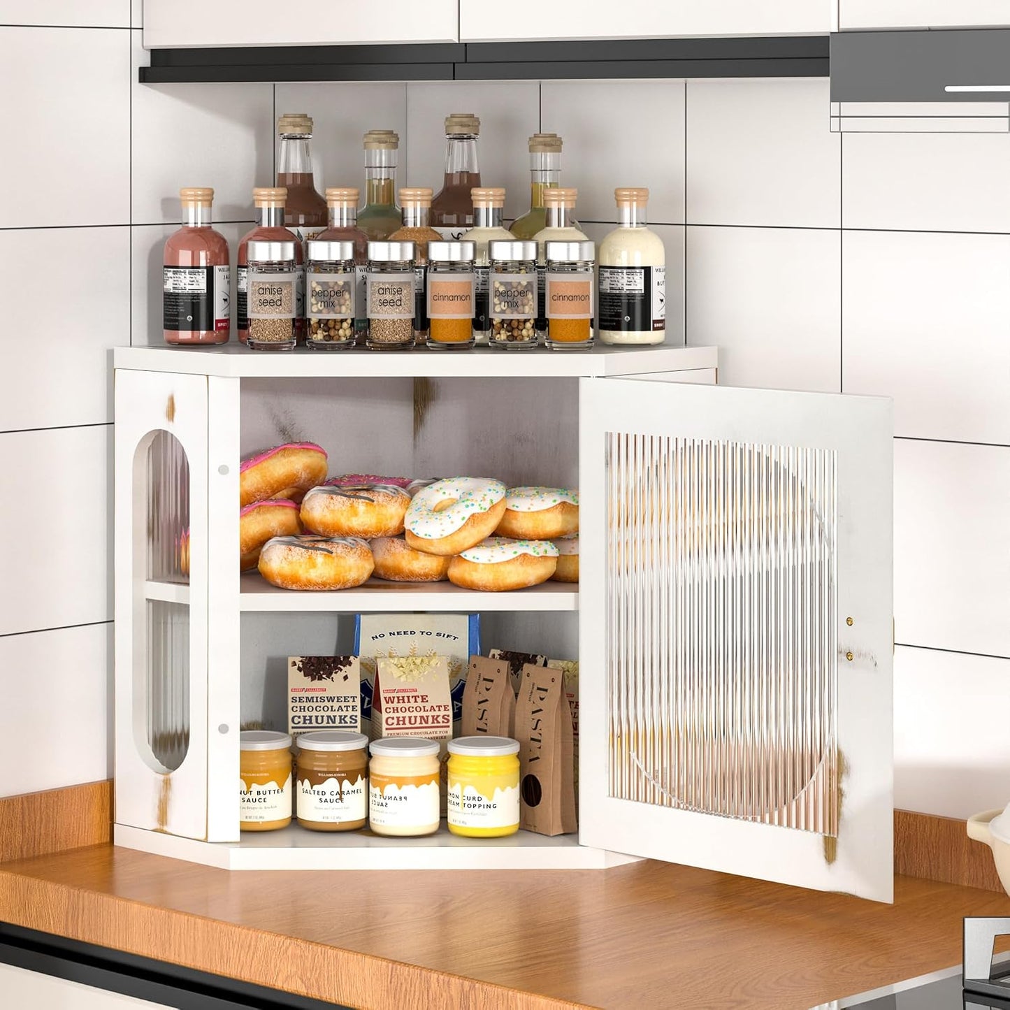 Corner Bread Box for Kitchen Countertop, Large Wooden Bread Box, Double Layer Bread Storage Bin, Bamboo Breadbox for