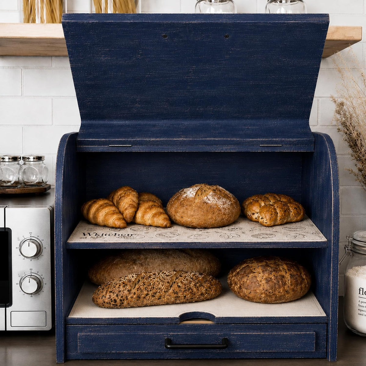 KNIFEPLANET Premium FULLY ASSEMBLED Modern Blue Bread Box – Extra Large Real Wood Bread Box for Kitchen Countertop