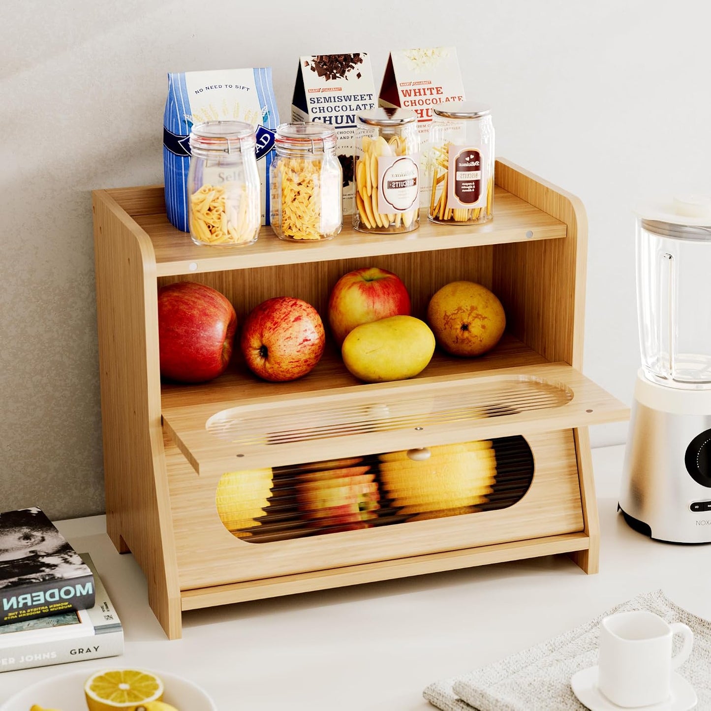 Bread Box,Extra Large 2-Tier Bamboo Bread Box for Kitchen Countertop,Bread Storage Container with Magnetic Acrylic Door