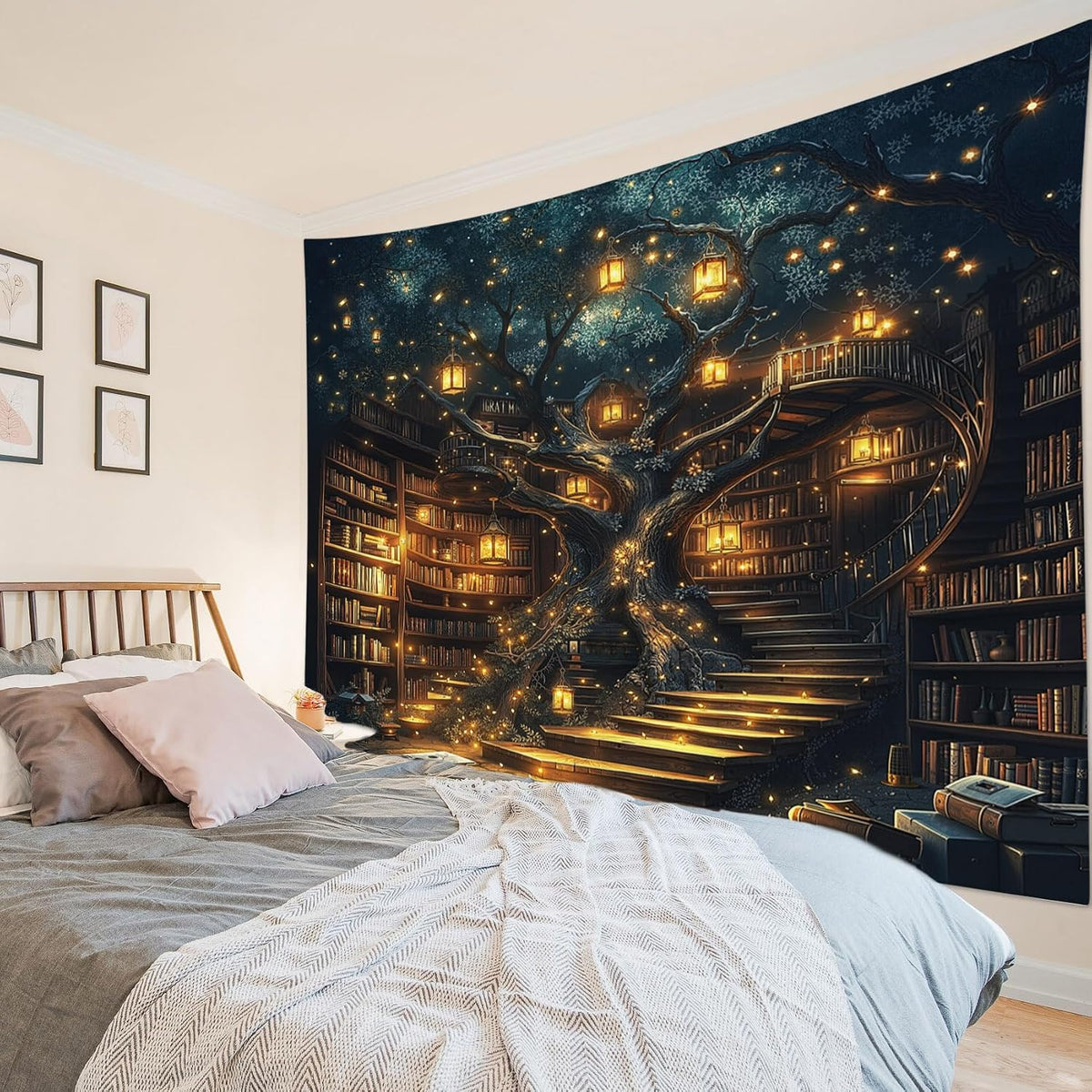 HVEST Fantasy Library Bookshelf Wall Tapestry Fairytale Tree Magic Bookshelf Tapestry Wall Hanging Retro Vintage Tapestries for Classroom Study Room Bedroom Living Room Dorm, 70.9L x 92.5W Inches
