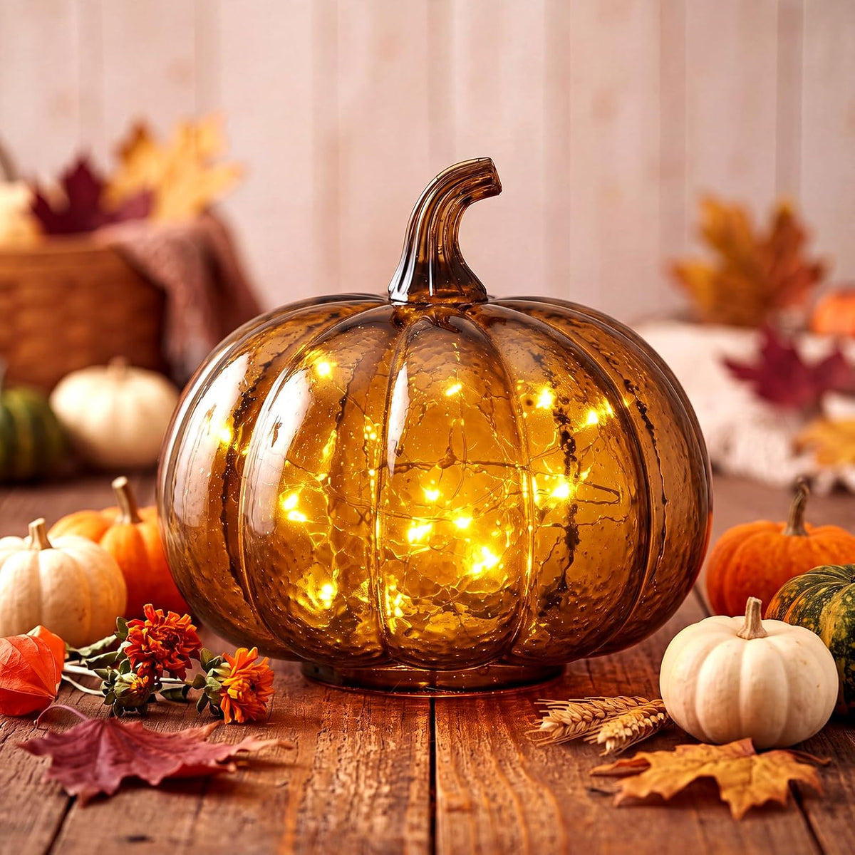Glooglitter Mercury Glass Pumpkin Light LED Fall Lamp, Round, Amber, Small