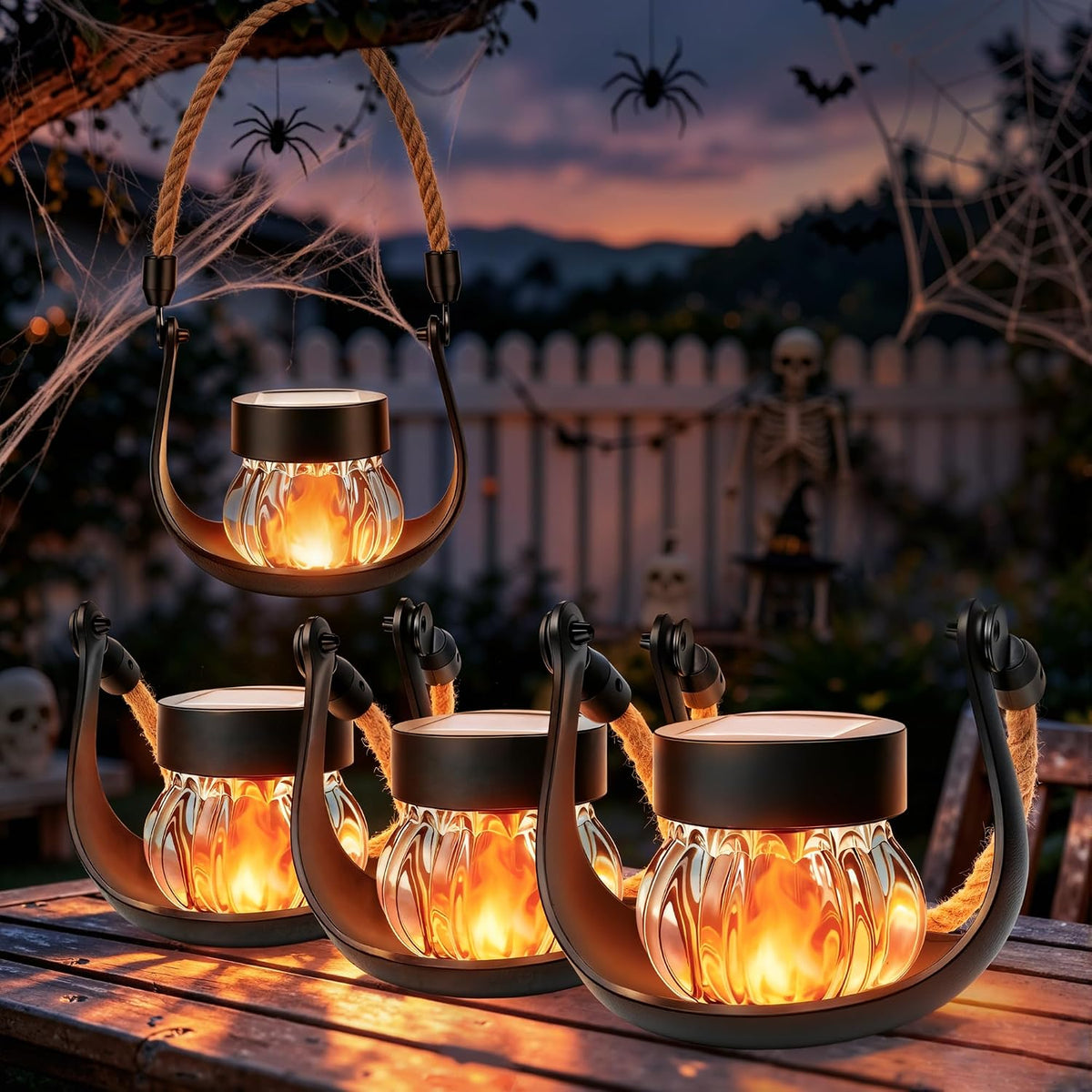 Solar Lantern with Flickering Flame, 4 Pack Solar Halloween Lights