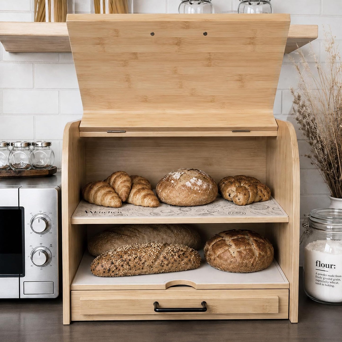 KNIFEPLANET Premium FULLY ASSEMBLED Bamboo Bread Box – Extra Large Real Wood Bread Box for Kitchen Countertop Storage