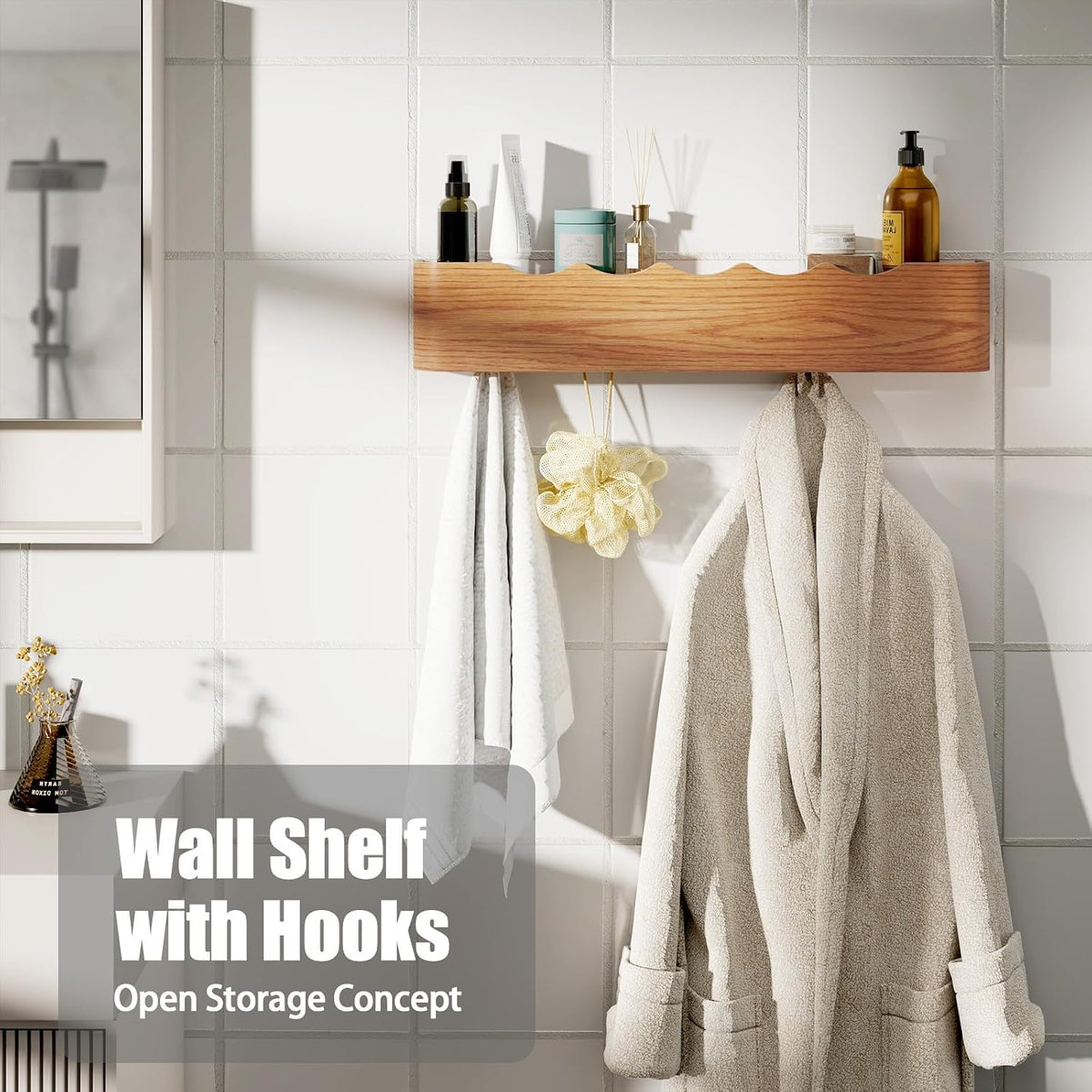 Coat Rack Wall Mount with Shelf 5 Hidden Hooks Modern Wooden Key Holder Entryway Organizer for Hallway Bedroom Bathroom