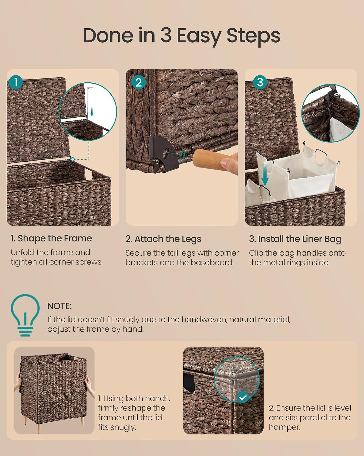 34.3 Gal. Handwoven Water Hyacinth Wicker Laundry Basket / 130 L / Espresso / Natural