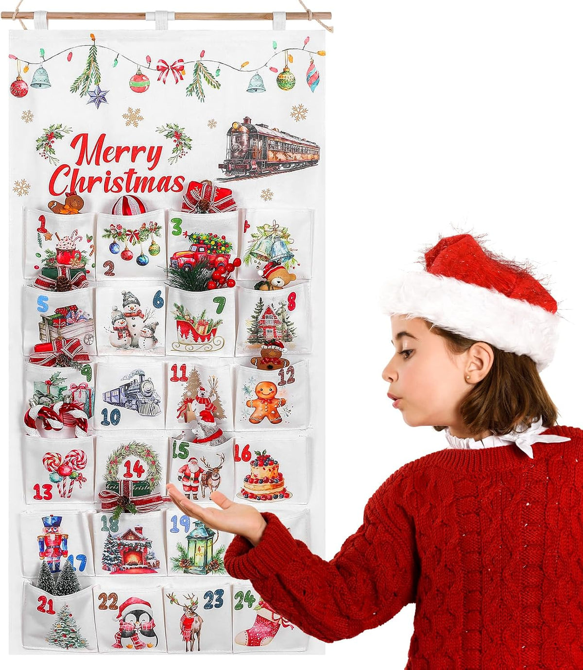 Fabric Christmas Advent Calendar with Pockets 24 Days Christmas Countdown Advent Calendar Hanging Countdown Calendar to Fill Reusable Wall Hanging Storage Bag for Home Xmas Holiday Decor