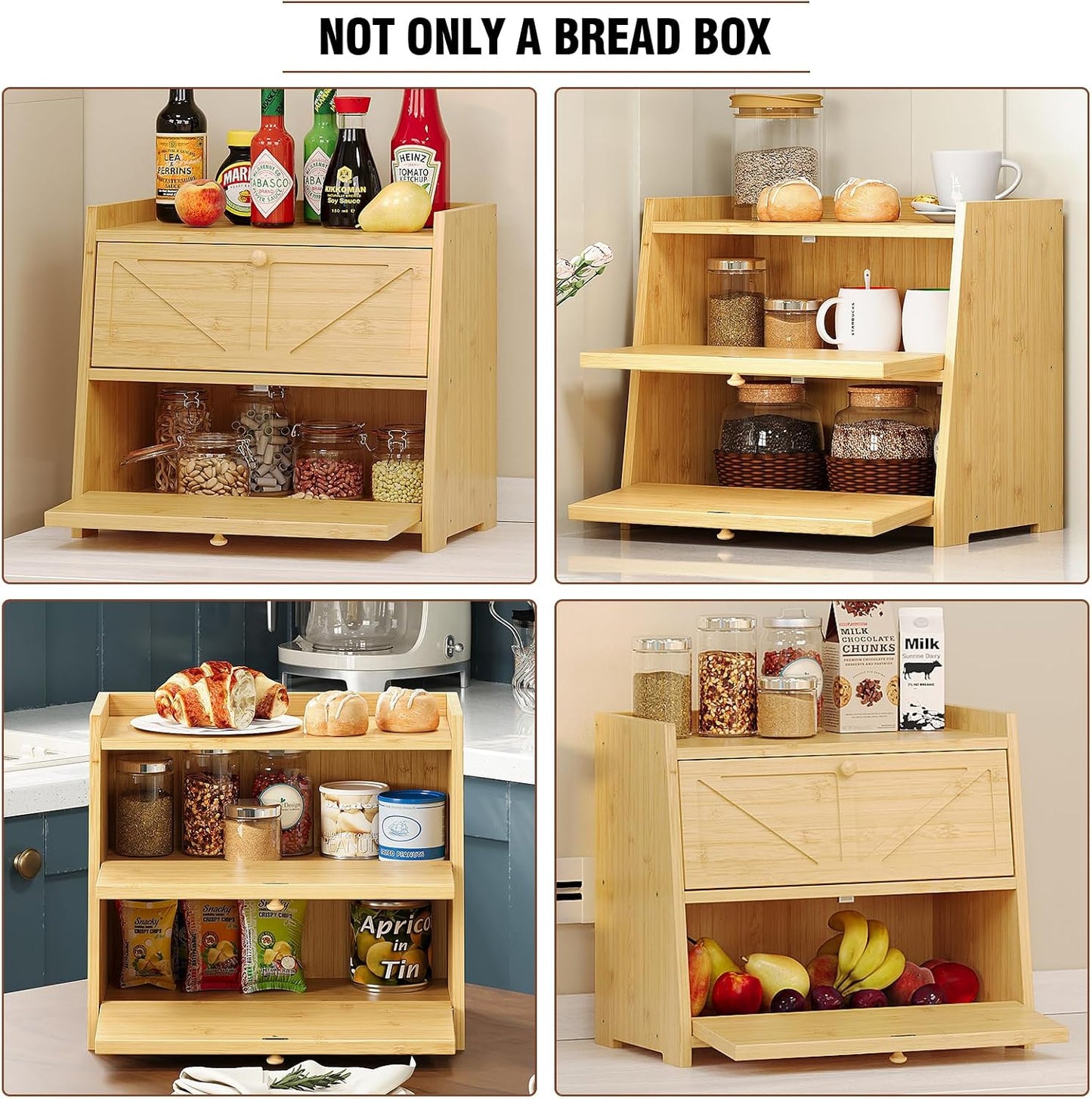 Trironsun Vintage Double Layer Bread Box for Kitchen Counter Bamboo Bread Storage Container Large Capacity Bread