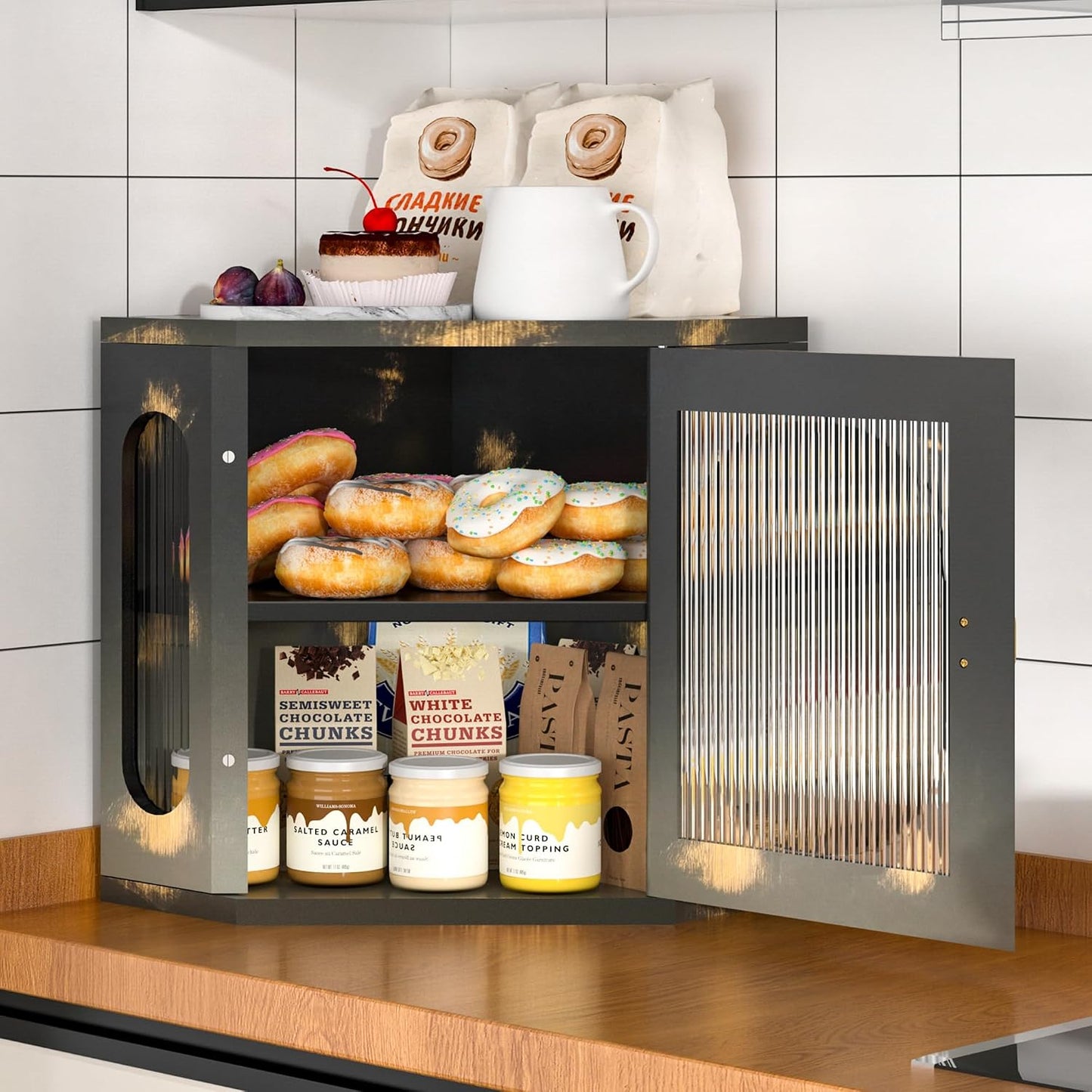 Corner Bread Box for Kitchen Countertop, Large Wooden Bread Box, Double Layer Bread Storage Bin, Bamboo Breadbox for