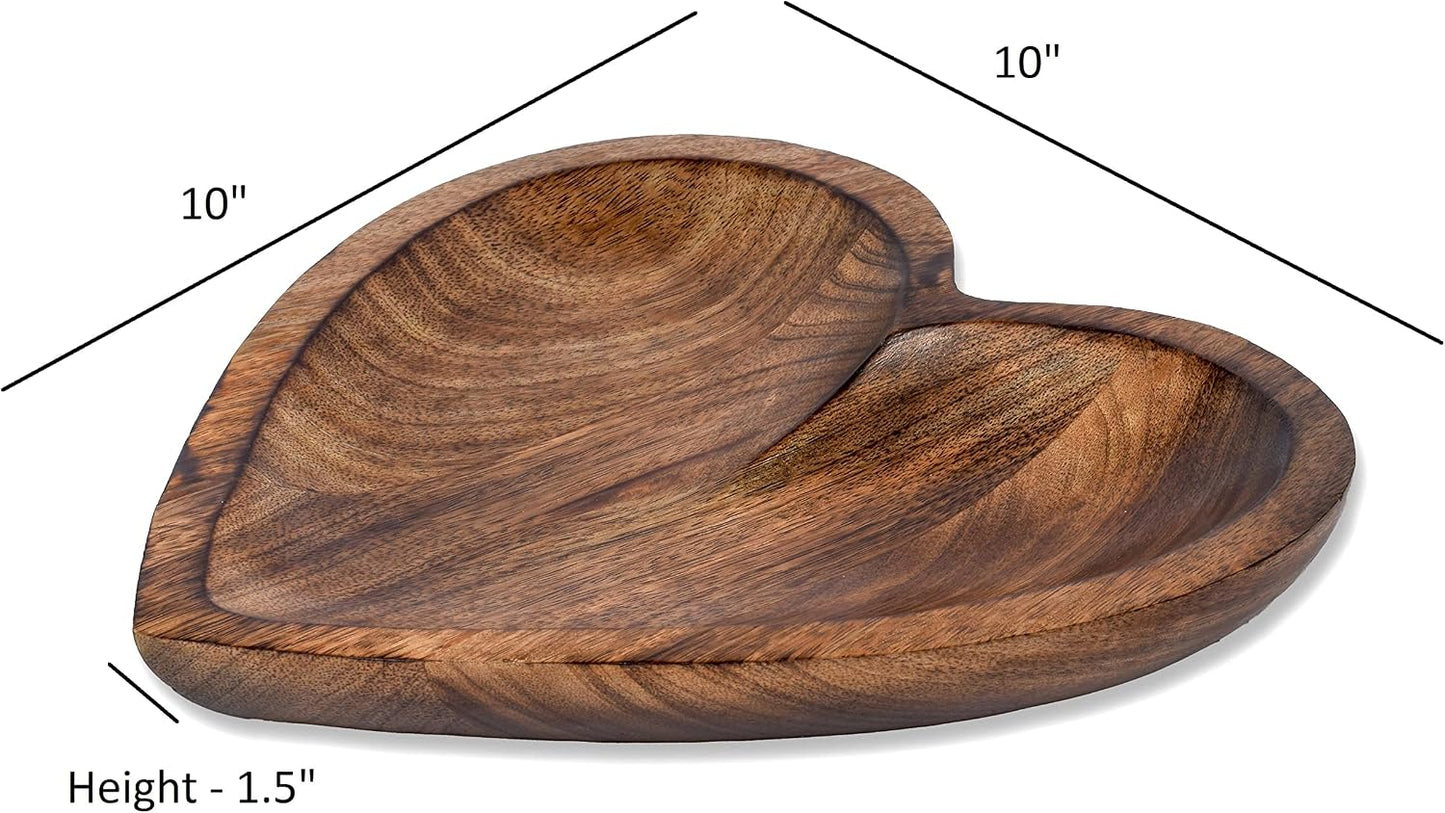 Mango Wood Heart Curved Shaped Decorative Bowl / 10 x 10 x 1.5