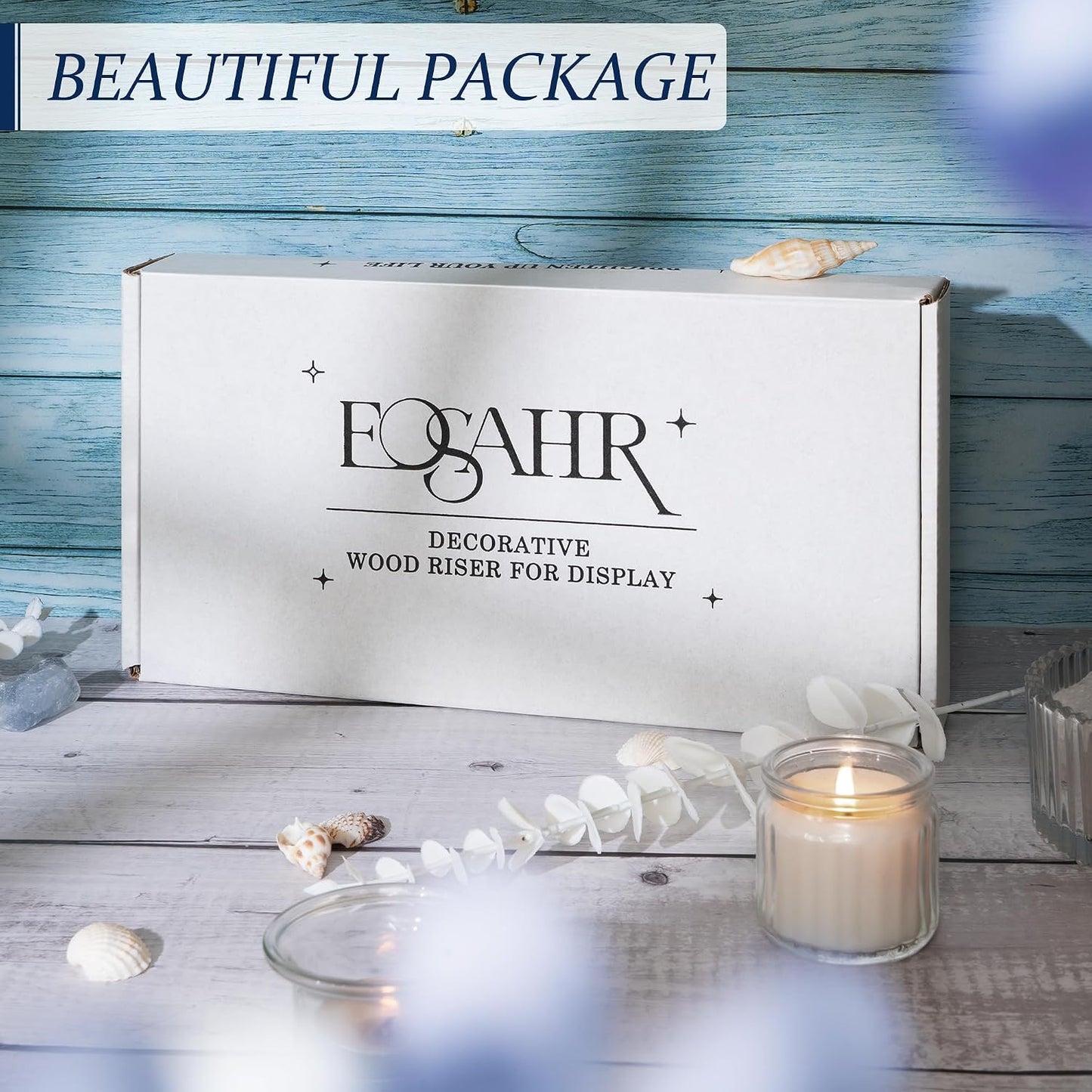 EOSAHR Square Wood Riser Display Stand for Dusty Blue Bathroom Decor, Blue | 8.5" Display Riser, Plant Stand, Perfume
