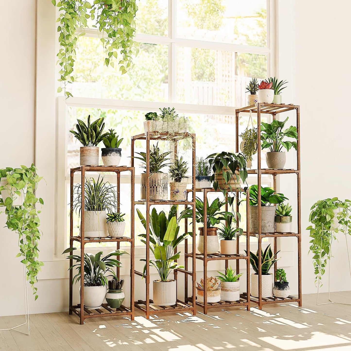 Bamworld Plant Stands Indoor 4 Sets Plant Shelves Outdoor | Tall Wooden Plant Holder for Multiple Plants Flower Stands