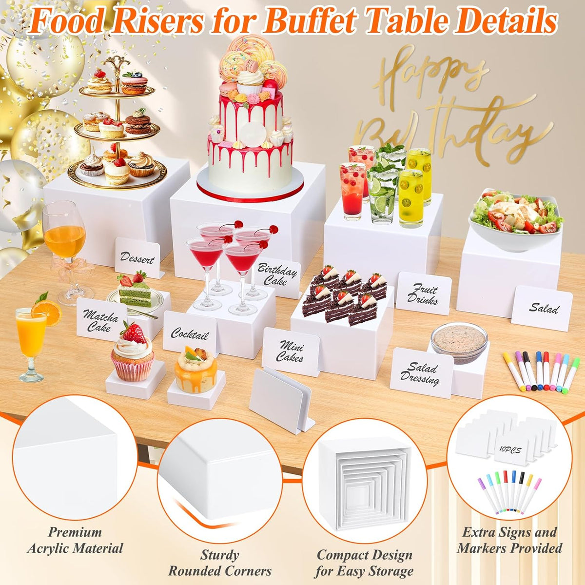 10 Pcs White Acrylic Buffet Risers with Mini Sign and Marker, Food Display Stands for Buffet Table Party Catering