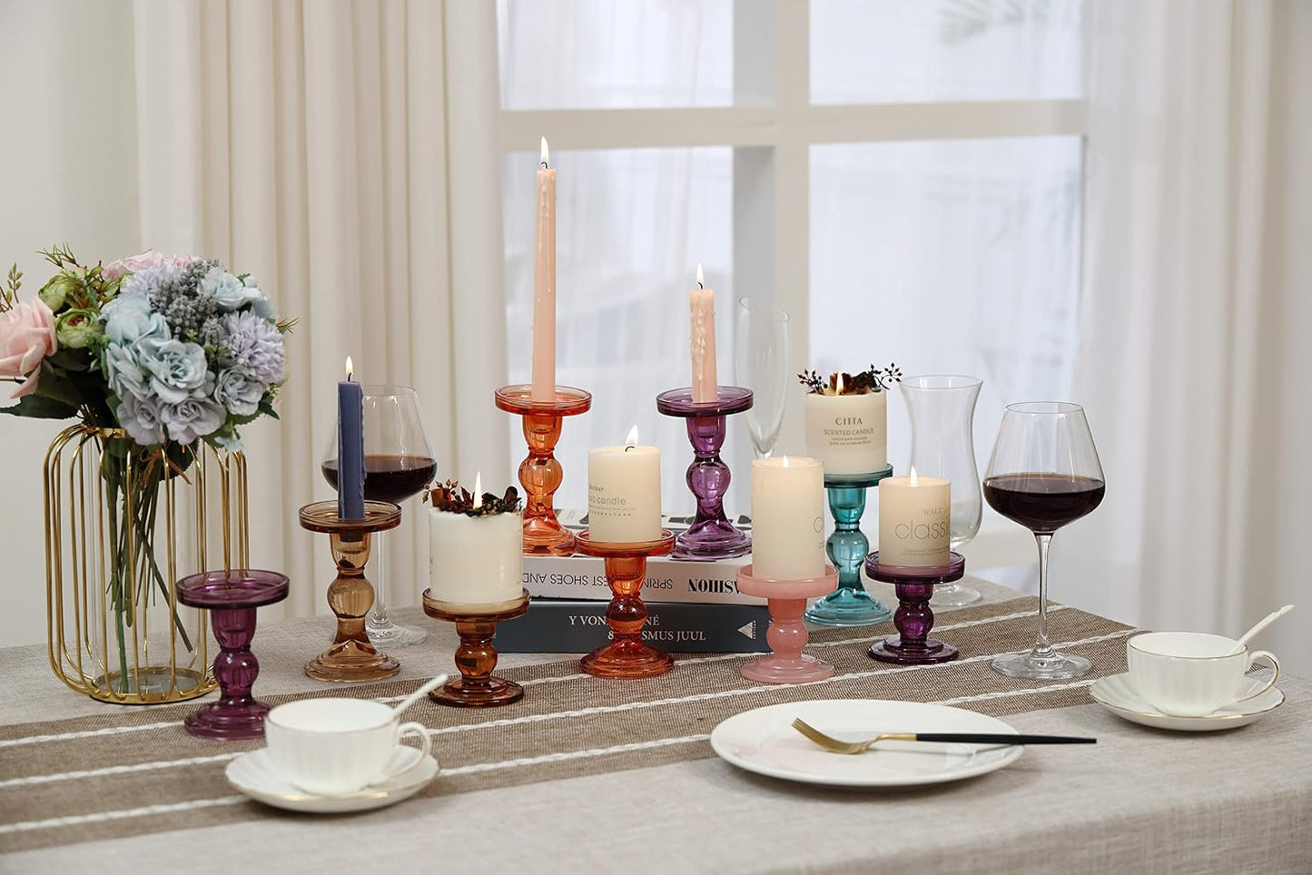 GMWD 3 Pcs Glass Candle Holder Set Clear, Amber Candlesticks Holders Pillar Taper Candles Tealight Stand for Wedding