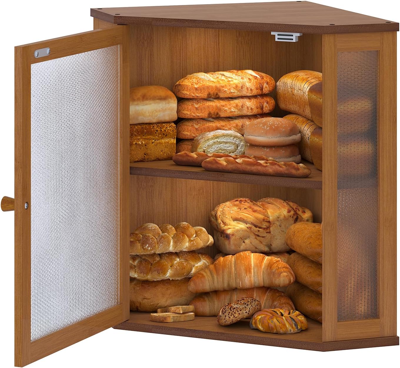 Corner Bread Box for Kitchen Countertop,Bread Storage for Homemade Bread, Double Layer Large Bamboo Kitchen Storage Bin