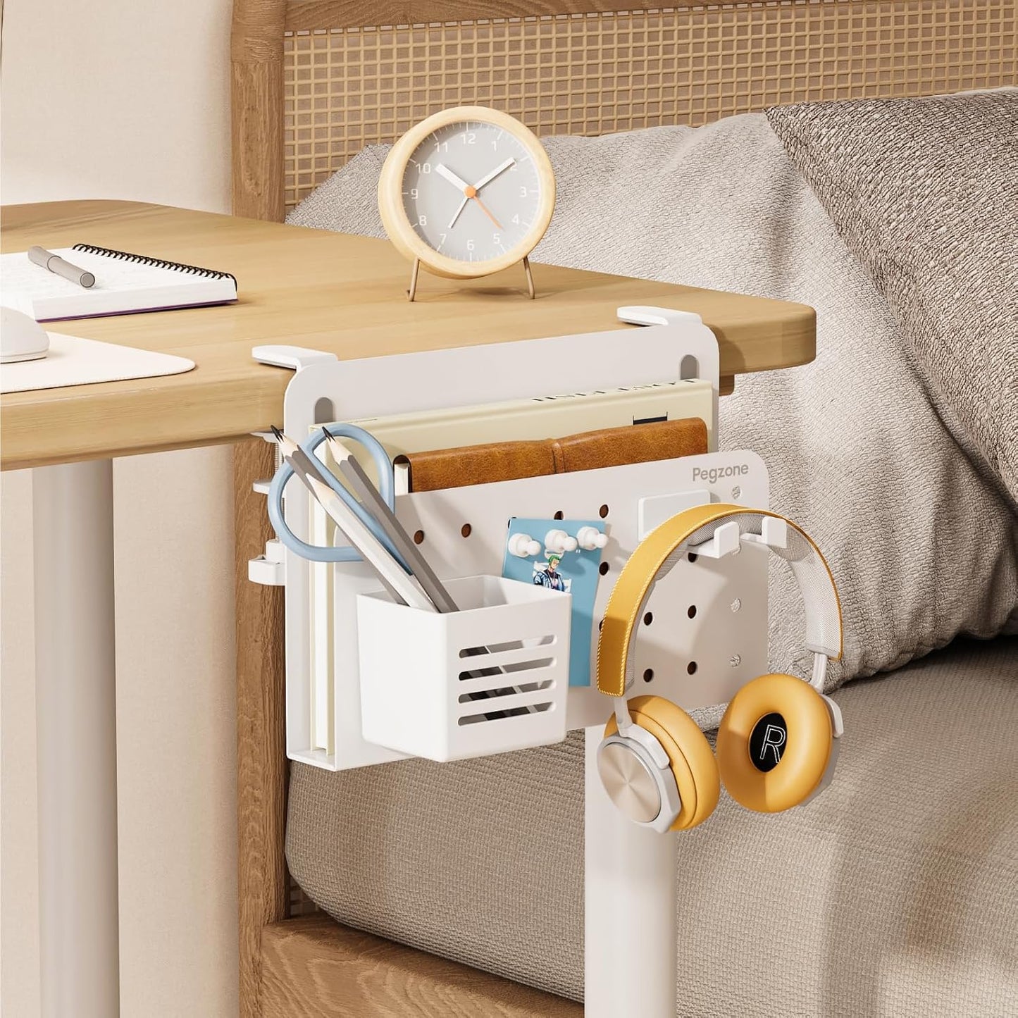 Desk Side Storage Organizer, Fits Flat Edge 0.4" to 2.2", White | No Drill Under Desk Laptop Holder, Clamp on Desks