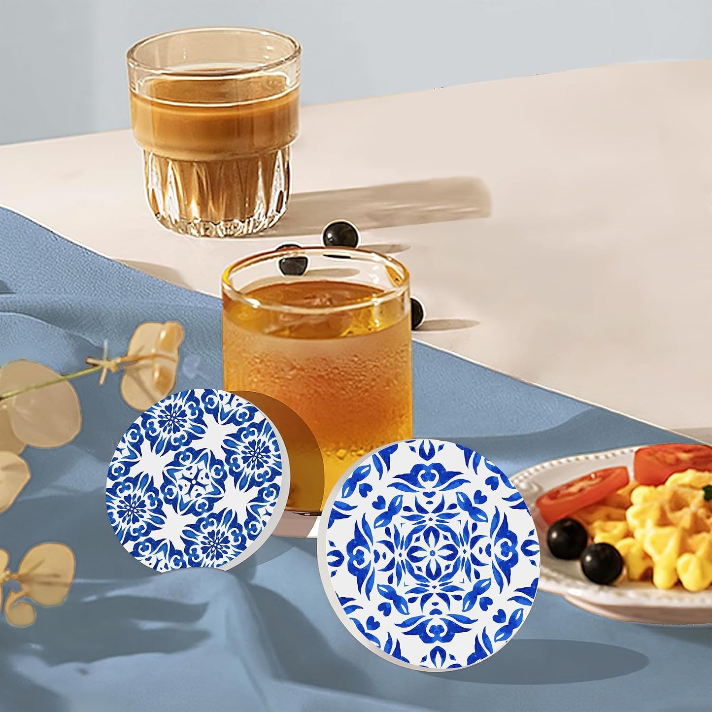 Holder / Absorbent Ceramic Coasters / Handpainted Blue Pattern / Set of 6