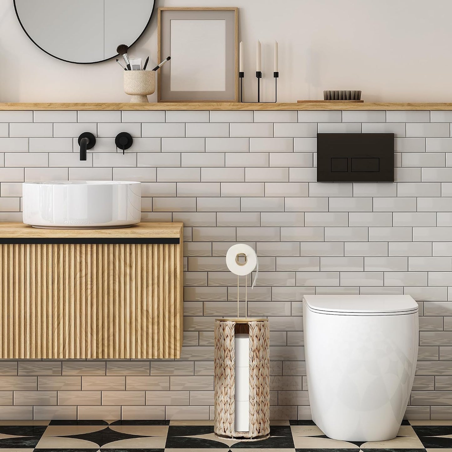 Toilet Paper Holder Stand with Lid Free Standing Storage for Bathroom Beige | Wciker, Water Hyacinth, 3 Rolls of Toilet