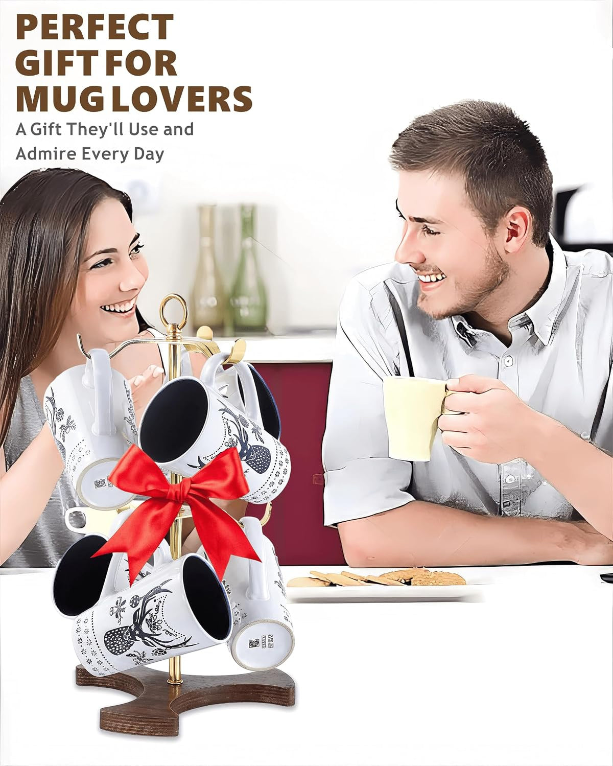 Gold Mug Holder Tree for Countertop | 2-Tier Coffee Mug Rack Holds 6 Large Mugs, 5oz to 20oz | Elegant Golden Cup Stand